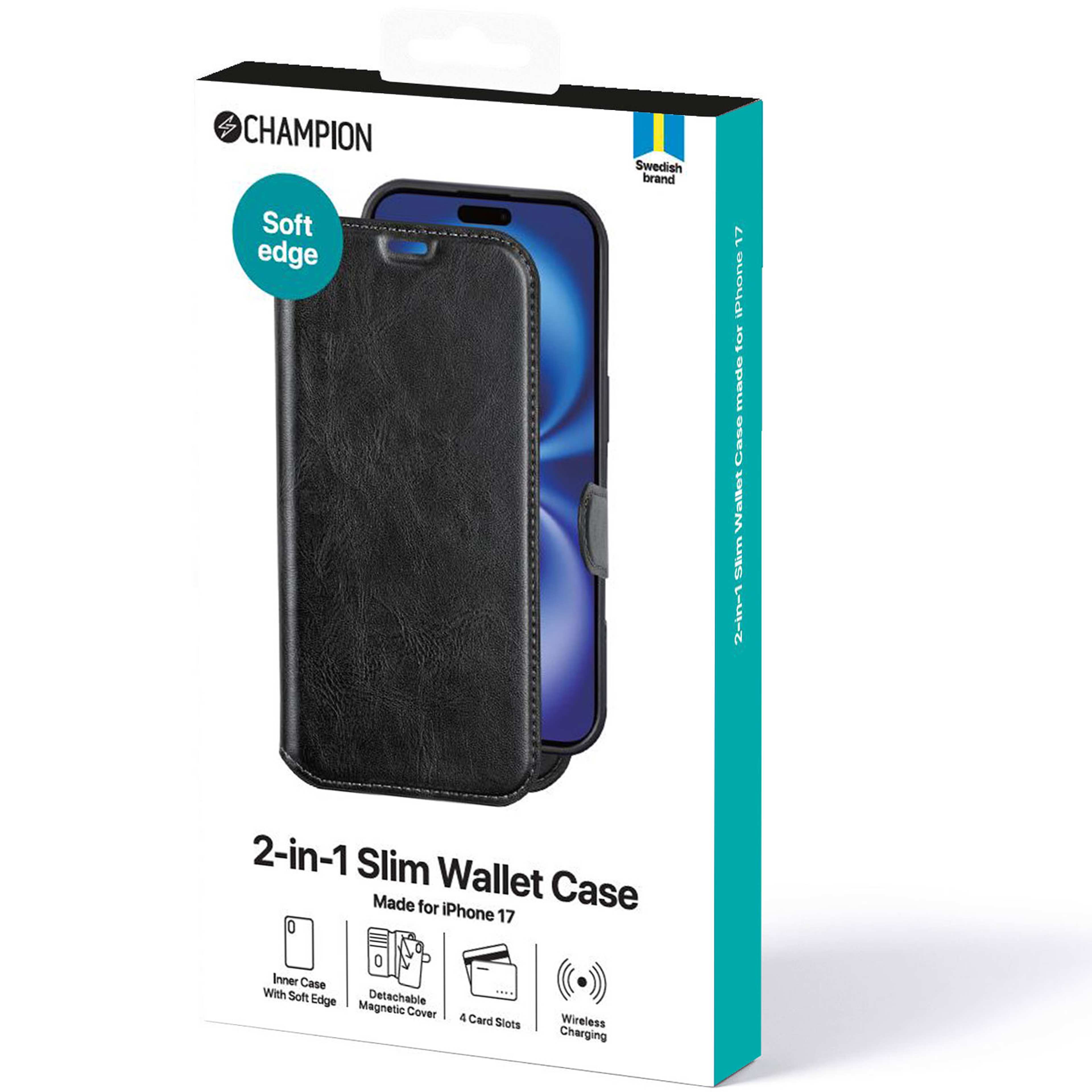 2-in-1 Slim Wallet Iphone 17, från Champion Nordic, i färgen svart. Klicka för att öppna bilden i stort format