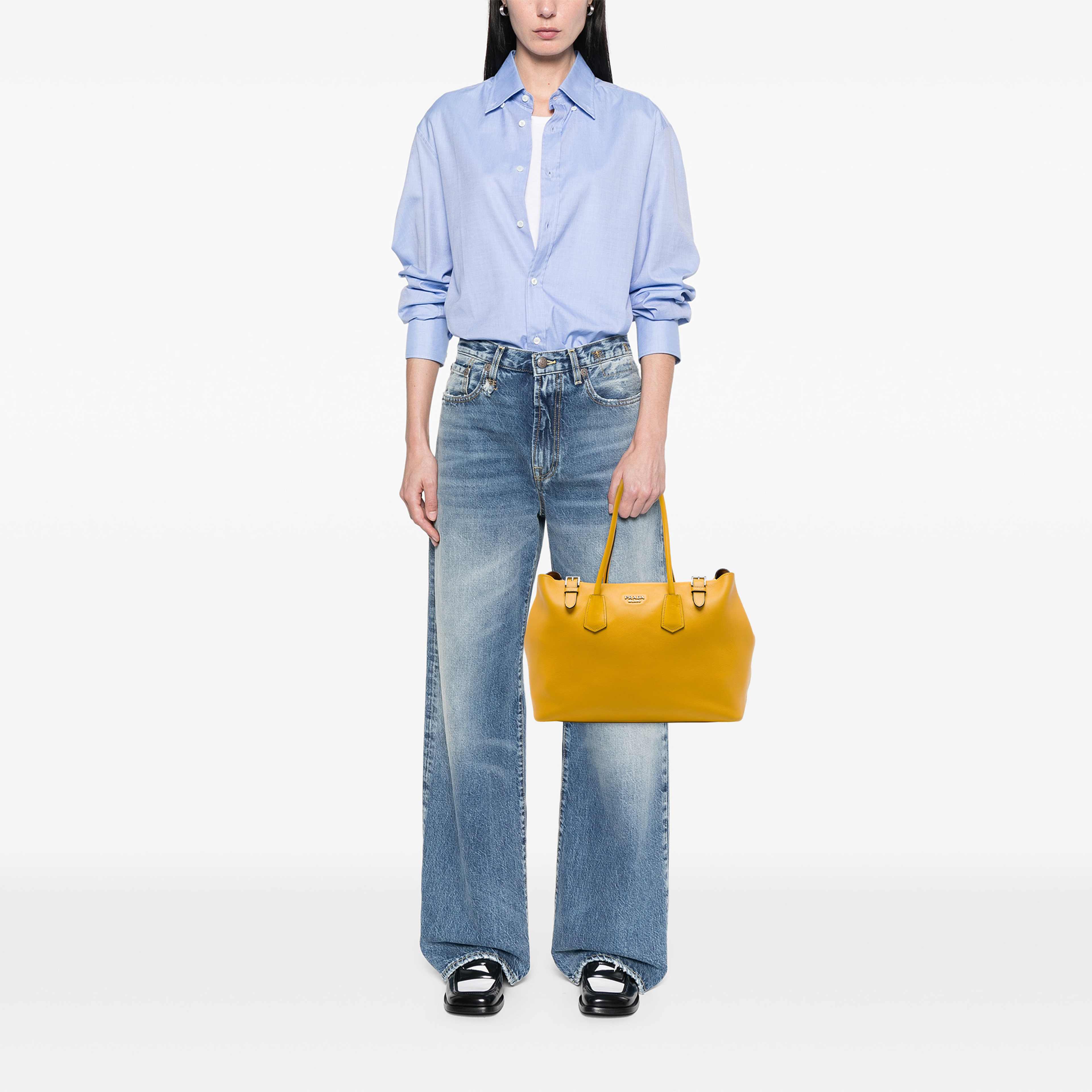Prada City Calf Leather Buckle Tote, från Luxclusif, i färgen gul. Klicka för att öppna bilden i stort format