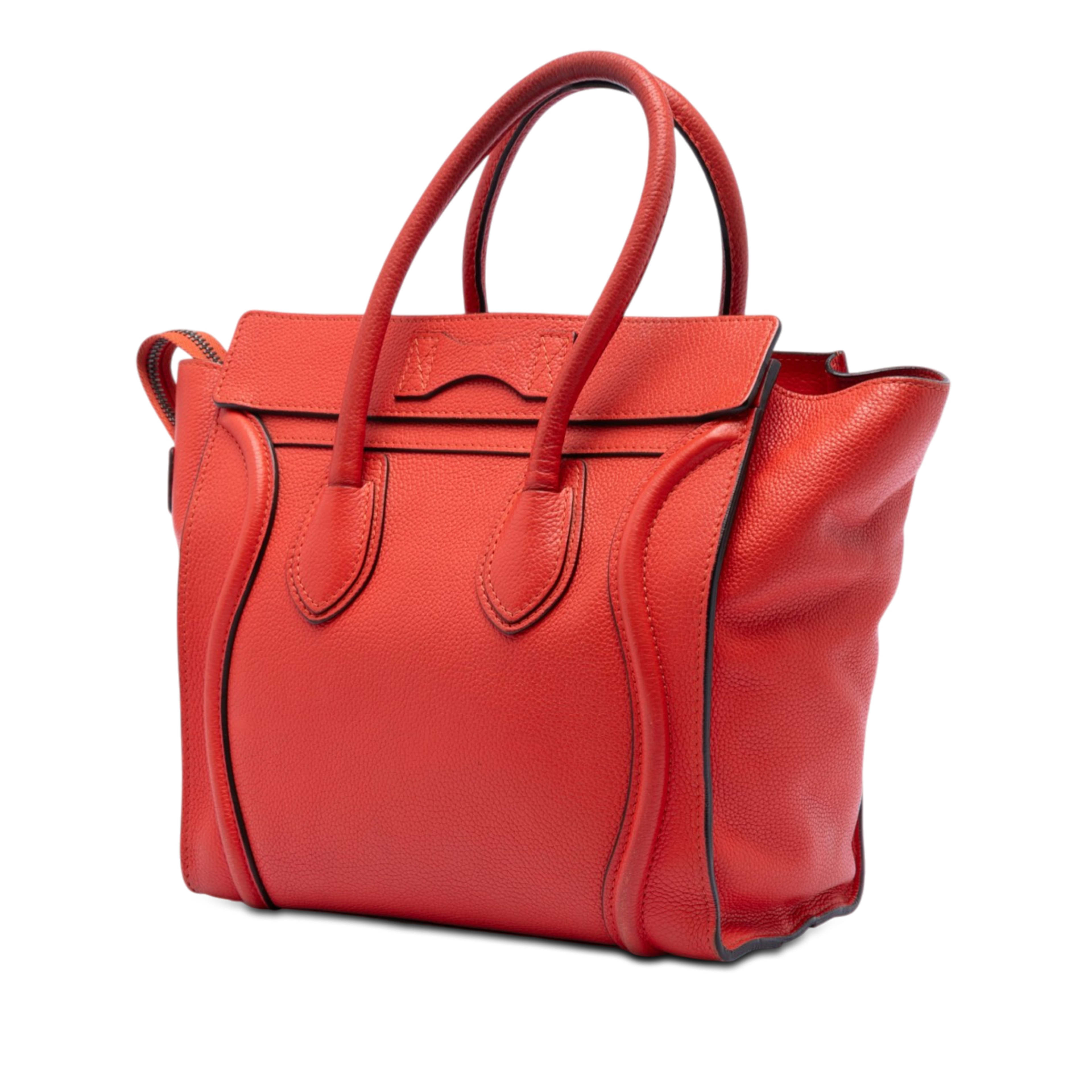 Celine Micro Leather Luggage Tote, från Luxclusif, i färgen red orange. Klicka för att öppna bilden i stort format