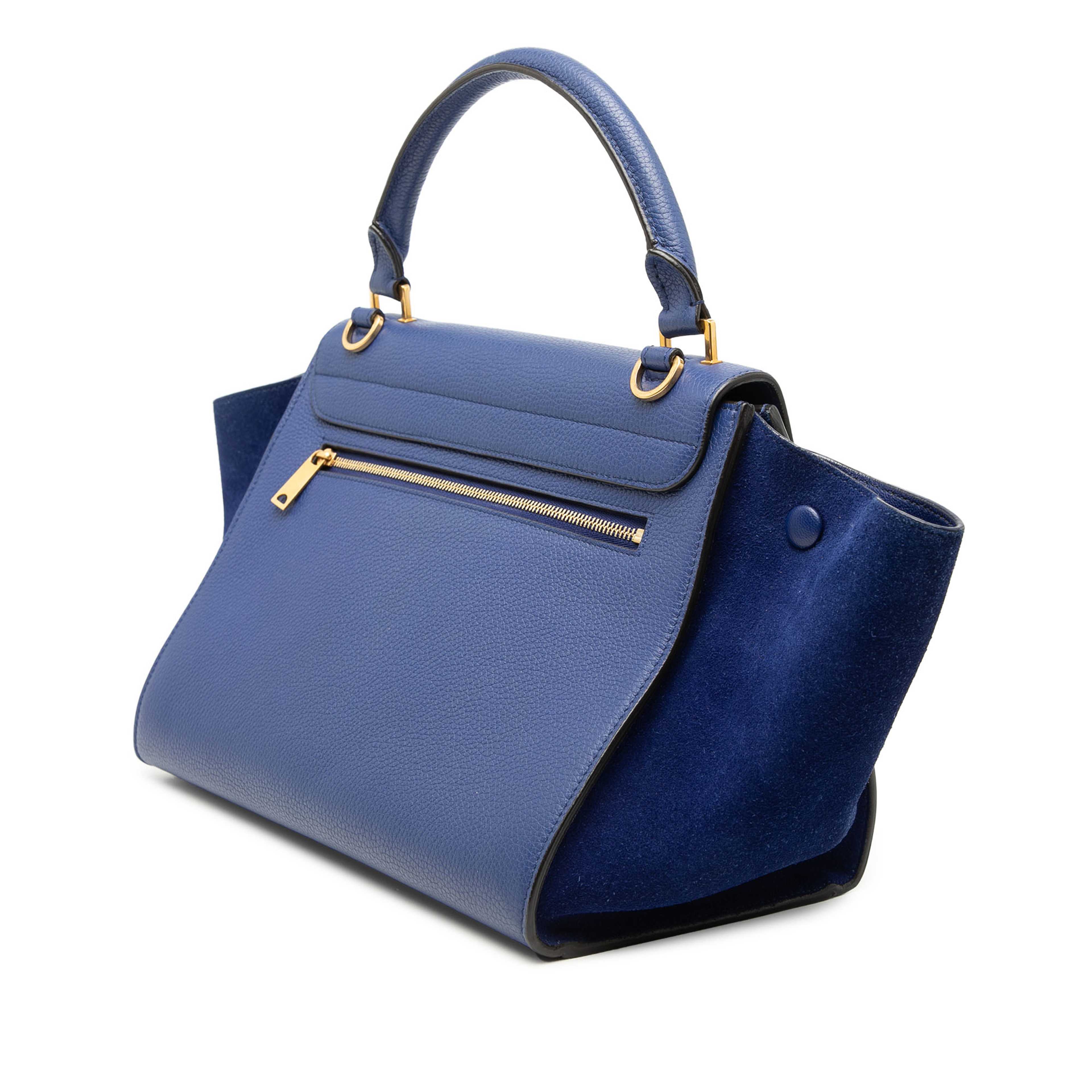 Celine Small Drummed Calfskin And Suede Trapeze Satchel, från Luxclusif, i färgen blå. Klicka för att öppna bilden i stort format