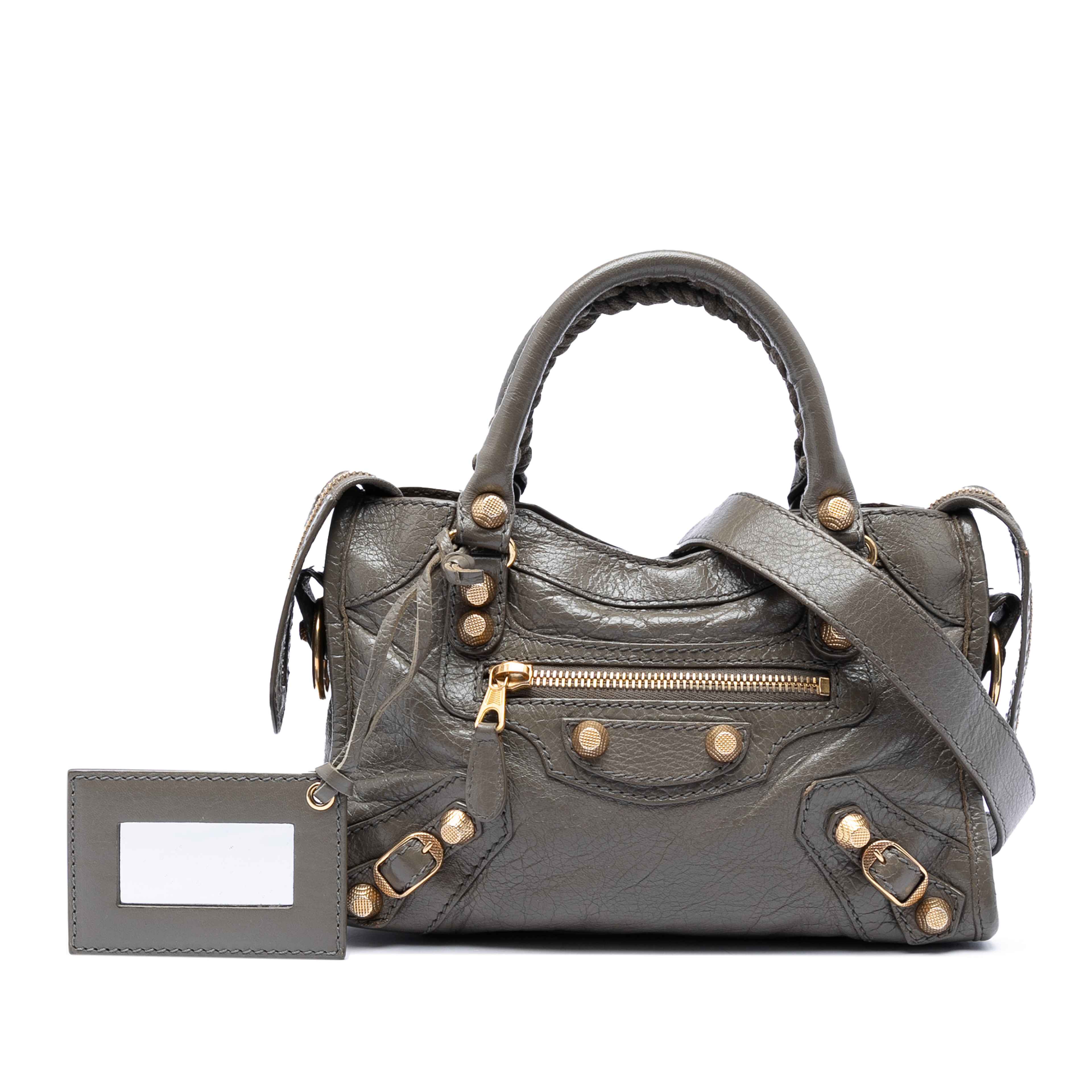 Balenciaga Mini Lambskin Motocross Giant 21 City Satchel, från Luxclusif, i färgen grå. Klicka för att öppna bilden i stort format
