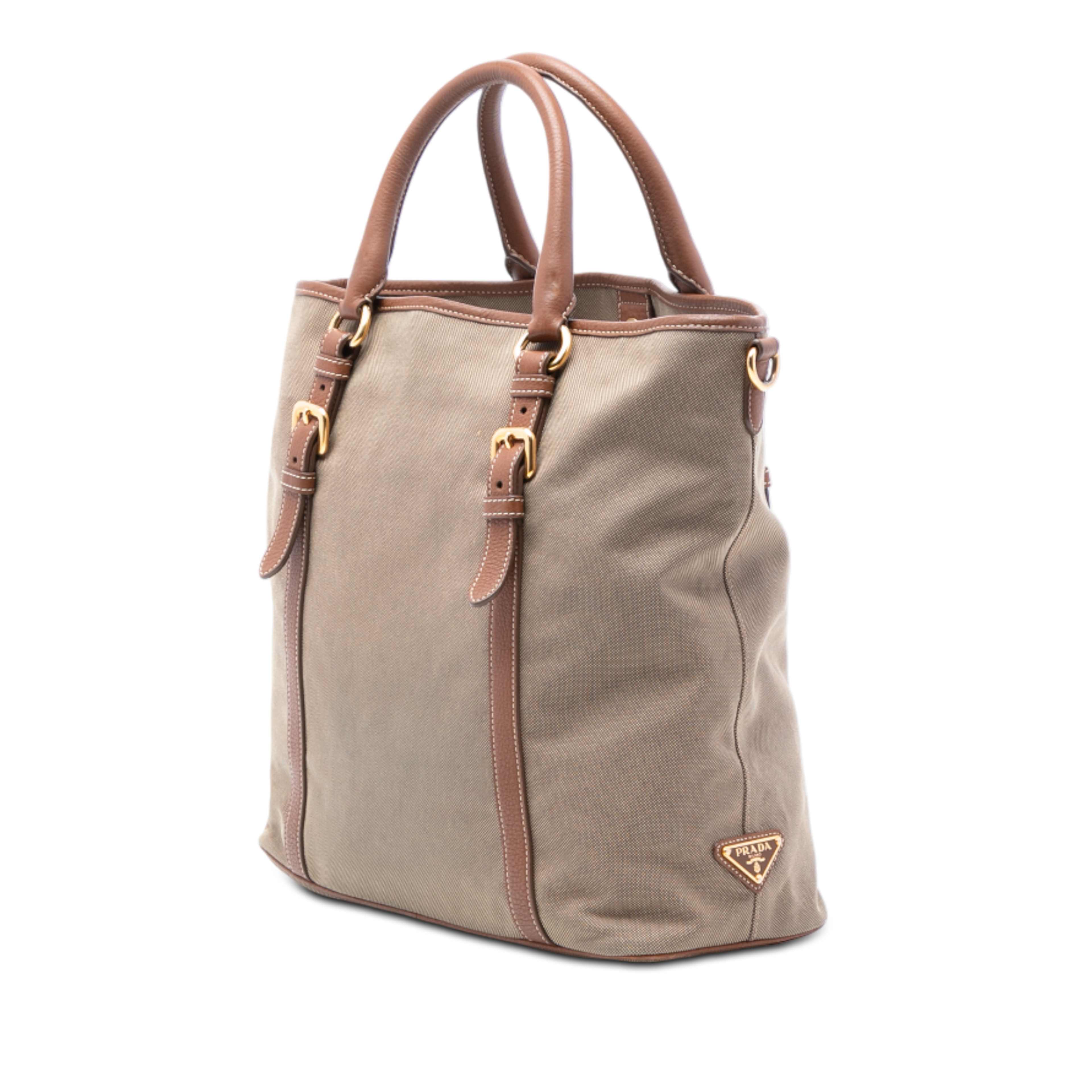Prada Canvas Canapa Logo Satchel, från Luxclusif, i färgen beige. Klicka för att öppna bilden i stort format