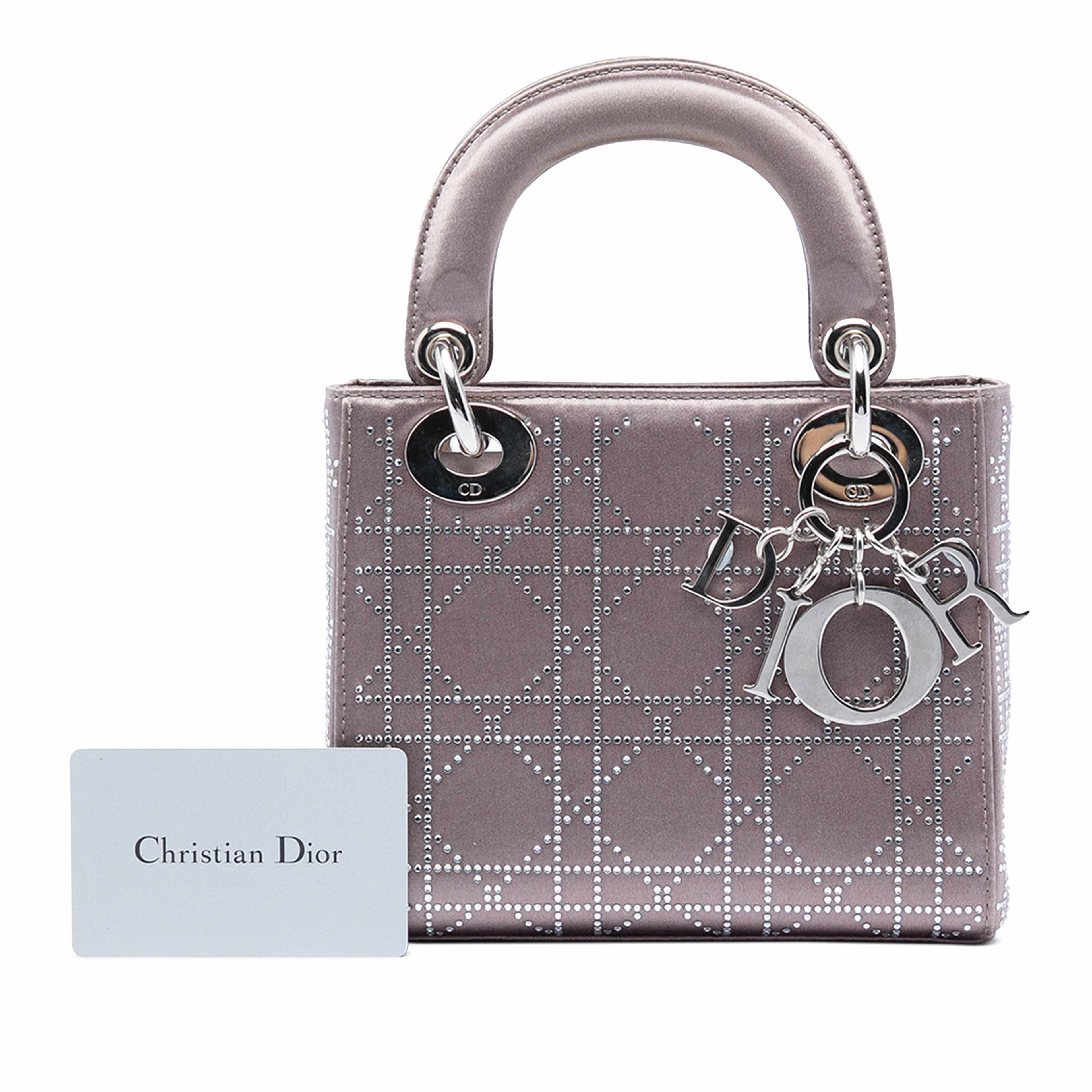 Dior Mini Satin Cannage Crystal Embellished Lady Dior, från Luxclusif, i färgen grå. Klicka för att öppna bilden i stort format