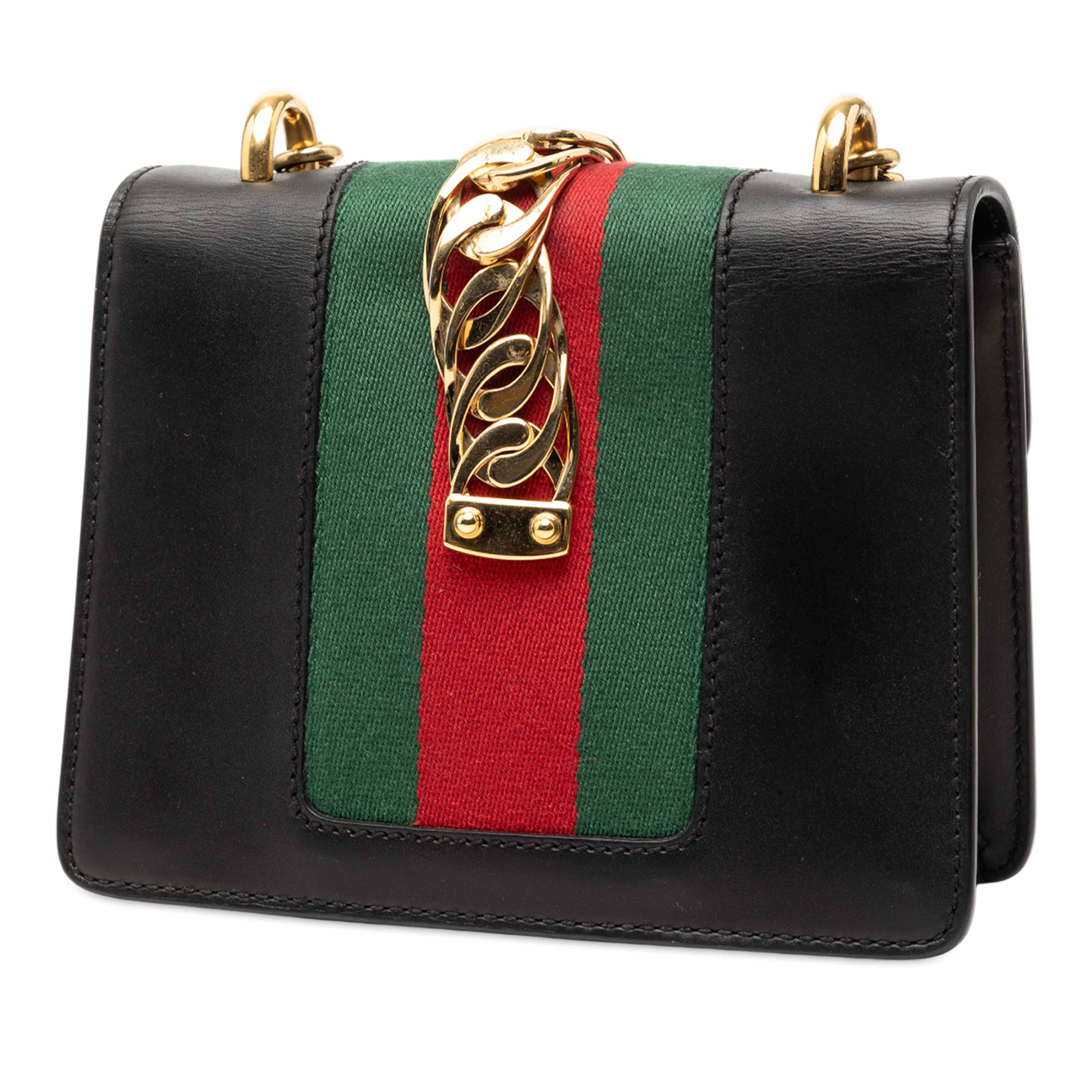 Gucci Mini Leather Web Sylvie Chain Crossbody, från Luxclusif, i färgen black. Klicka för att öppna bilden i stort format