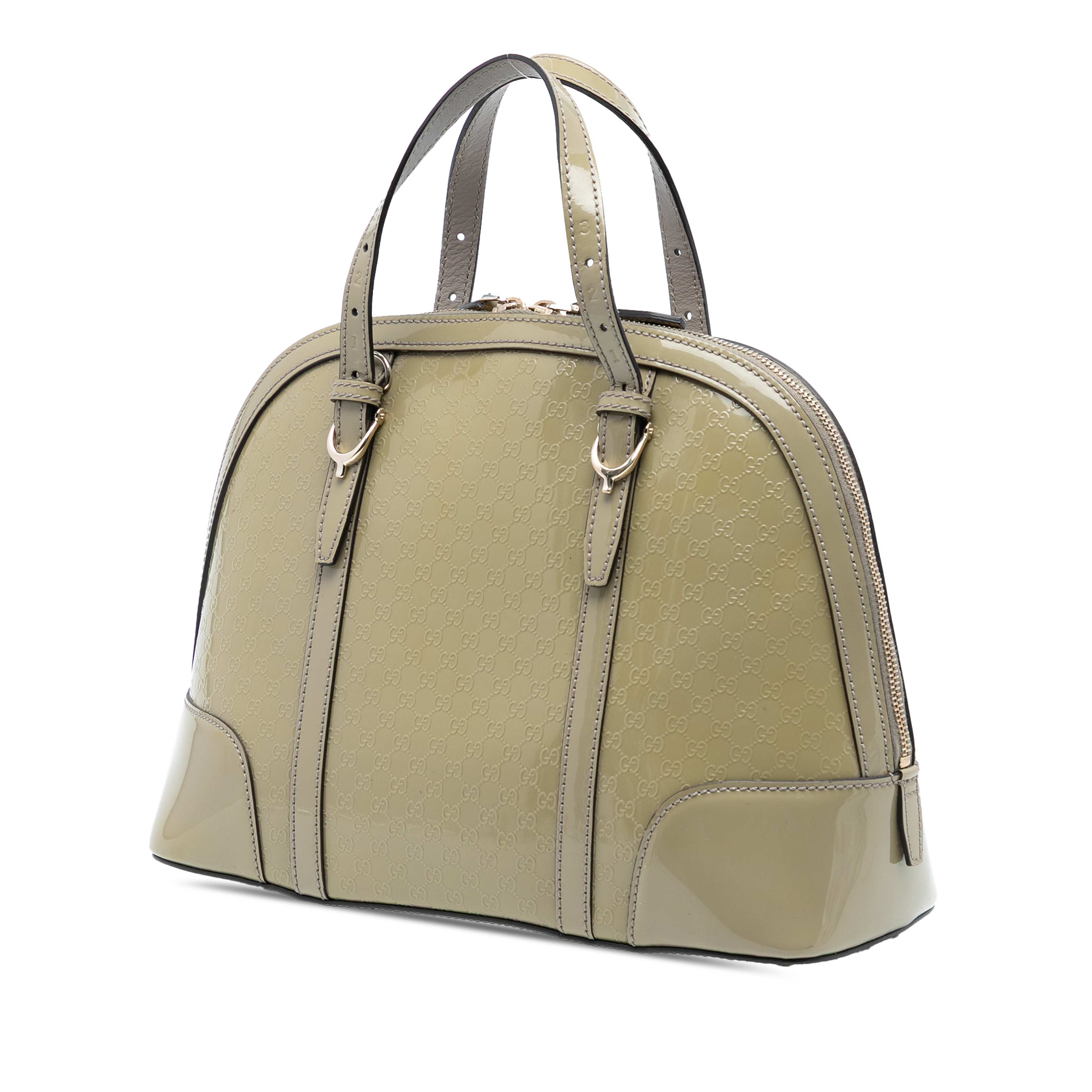 Gucci Small Microguccissima Patent Nice Satchel, från Luxclusif, i färgen taupe. Klicka för att öppna bilden i stort format