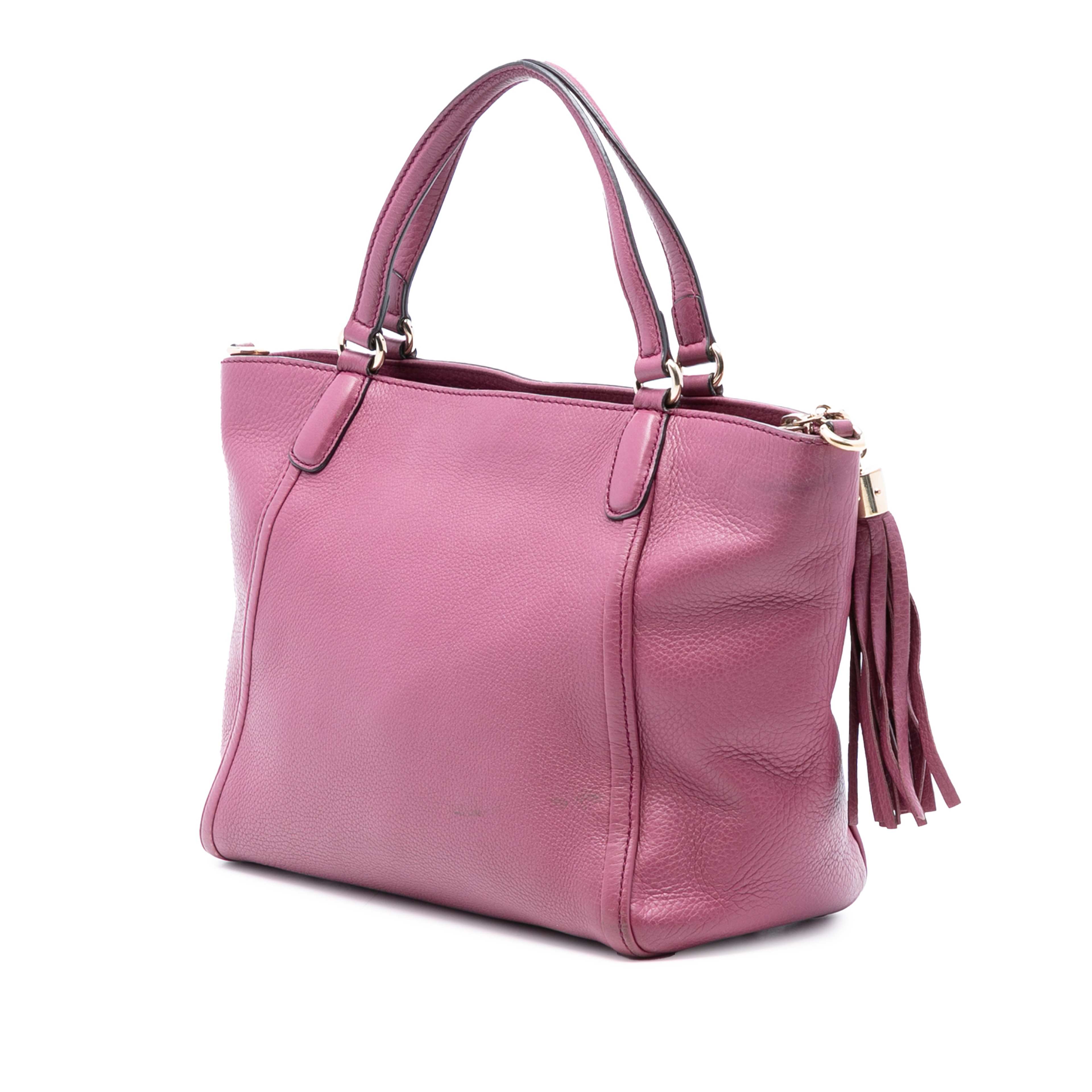 Gucci Small Pebbled Leather Soho Cellarius Satchel, från Luxclusif, i färgen purple. Klicka för att öppna bilden i stort format