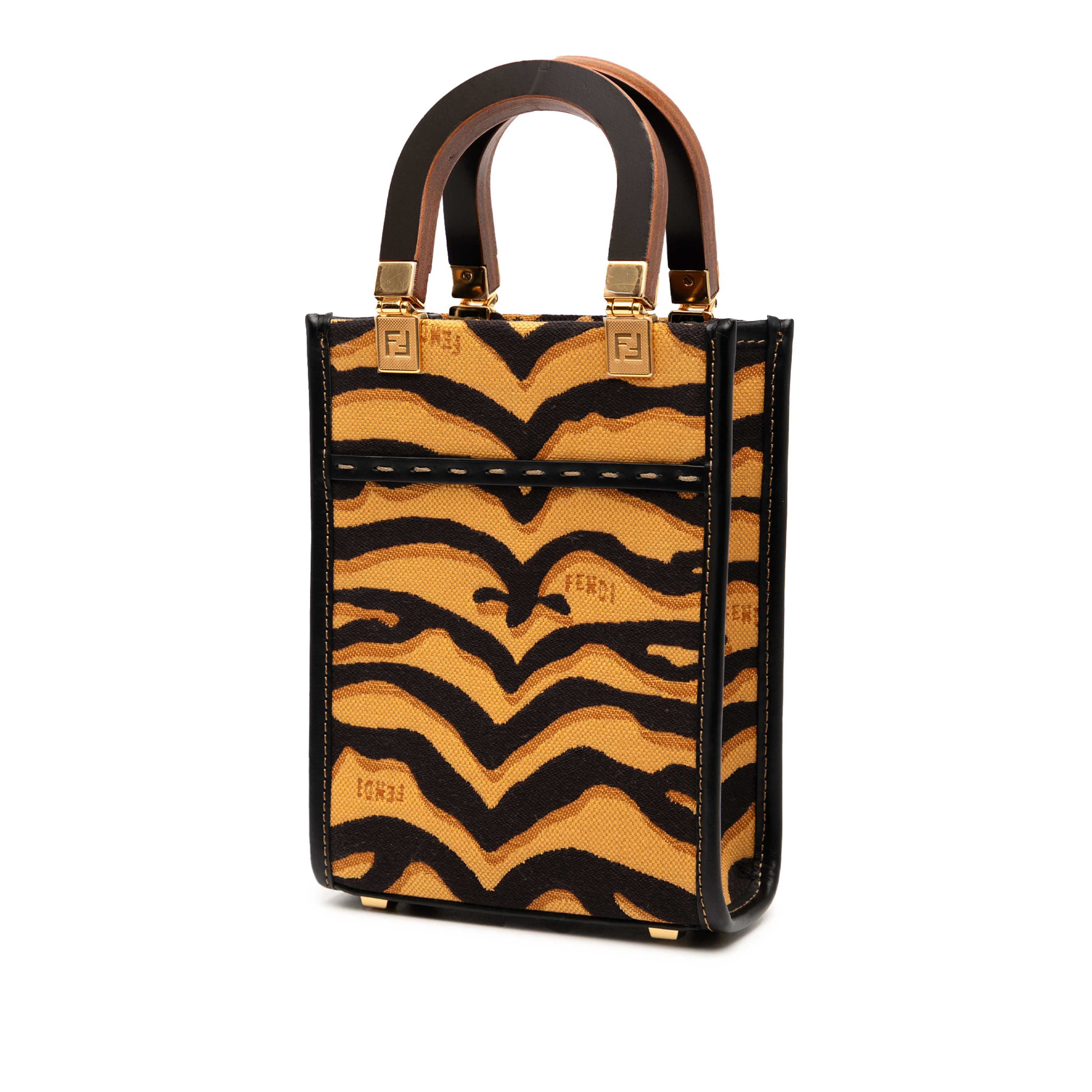 Fendi Mini Embroidered Canvas Tiger Print Sunshine Shopper Tote, från Luxclusif, i färgen brown. Klicka för att öppna bilden i stort format