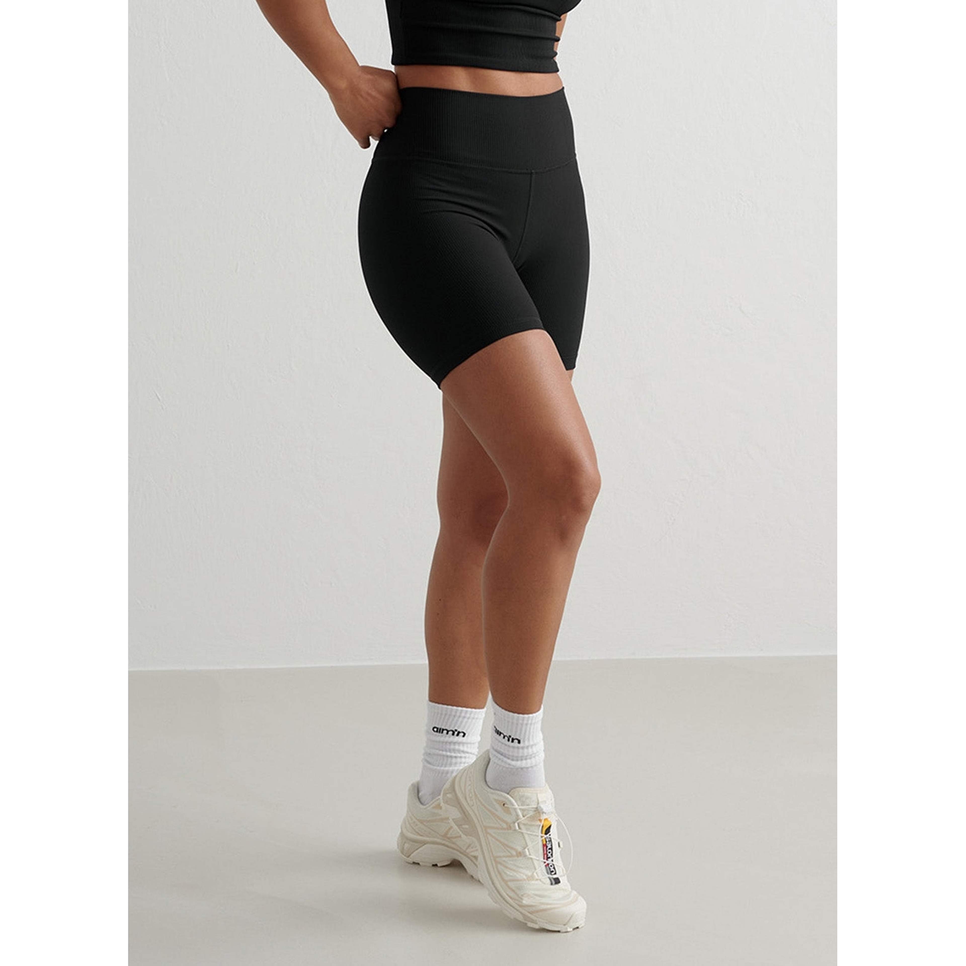 Black Ribbed Performance Midi Biker Shorts