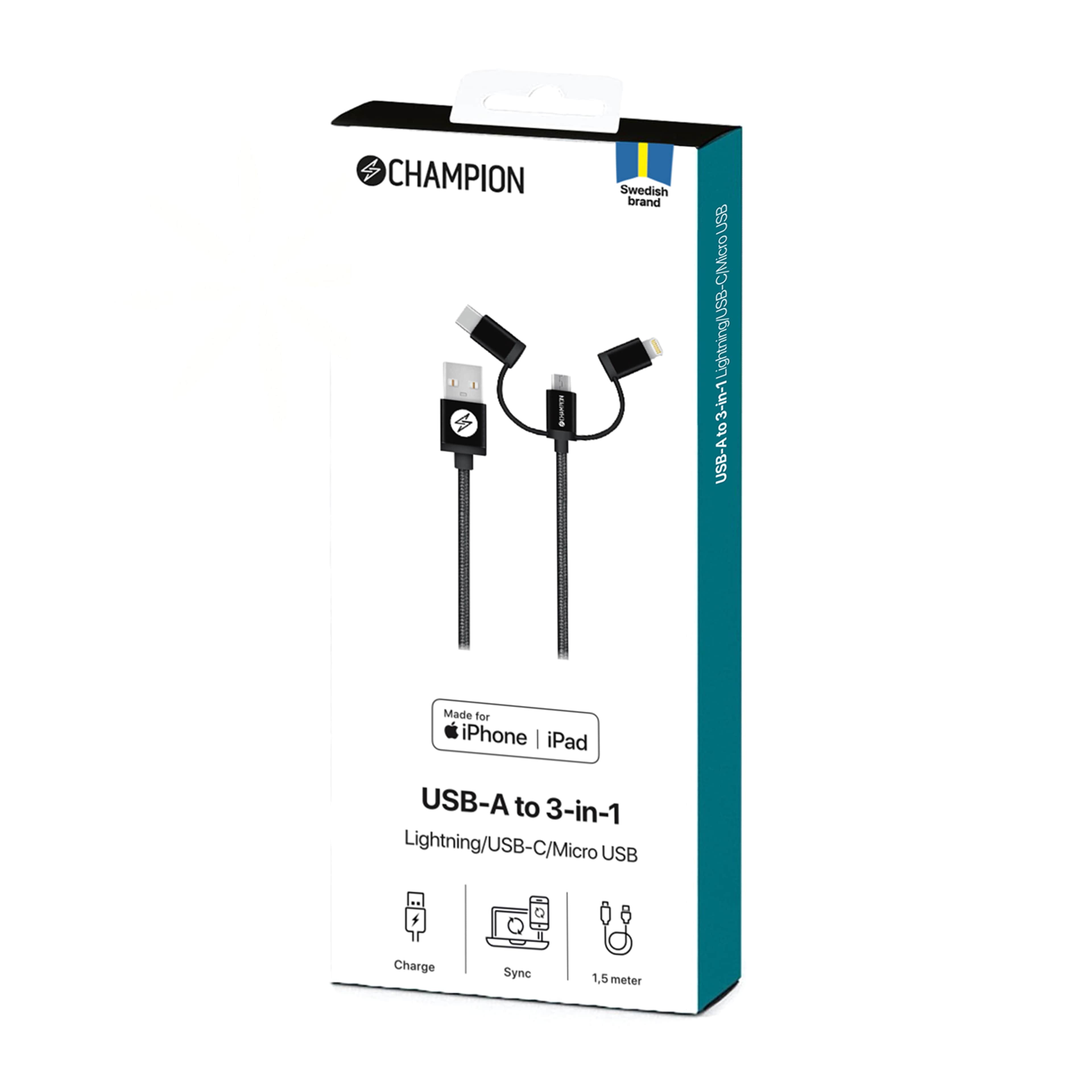 Usb-a Till Lightning, Usb-c Och Micro-usb 1,5m, från Champion Nordic, i färgen svart. Klicka för att öppna bilden i stort format