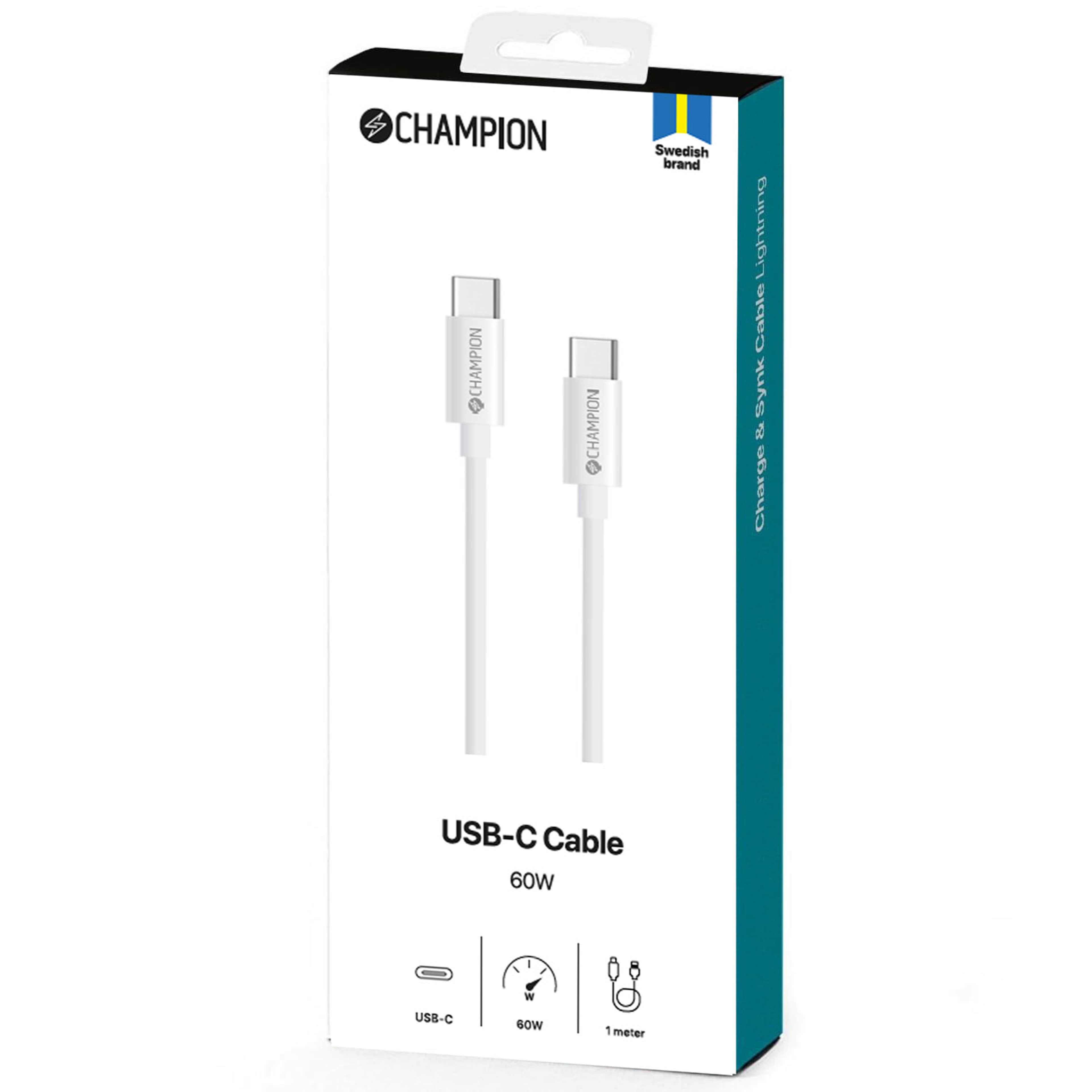 Usb-c Kabel 60w 1m, från Champion Nordic, i färgen vit. Klicka för att öppna bilden i stort format