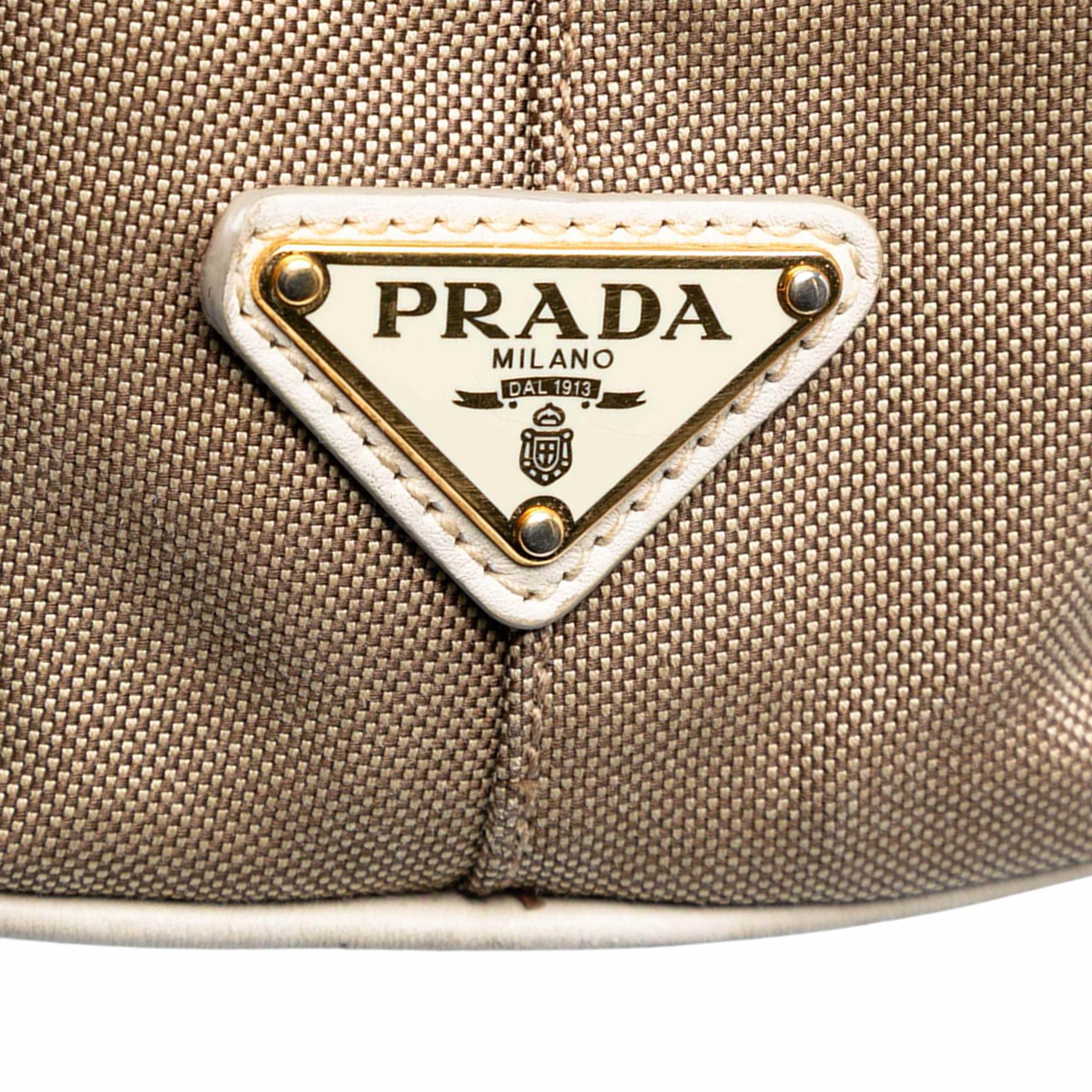 Prada Canvas Canapa Logo Satchel, från Luxclusif, i färgen light brown. Klicka för att öppna bilden i stort format