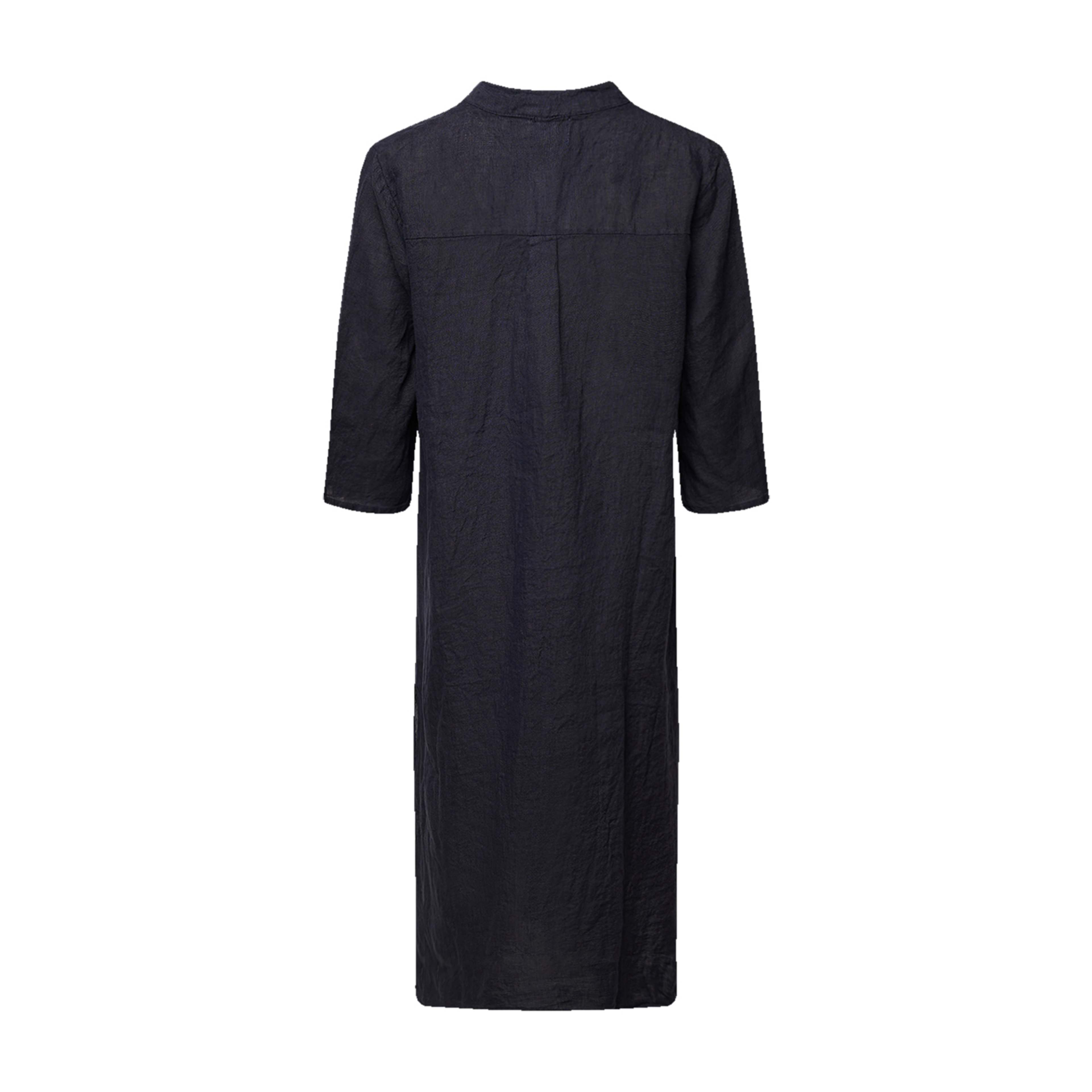 18970r, Long Shirt Dress Ruffle, Linen - Blue Navy
