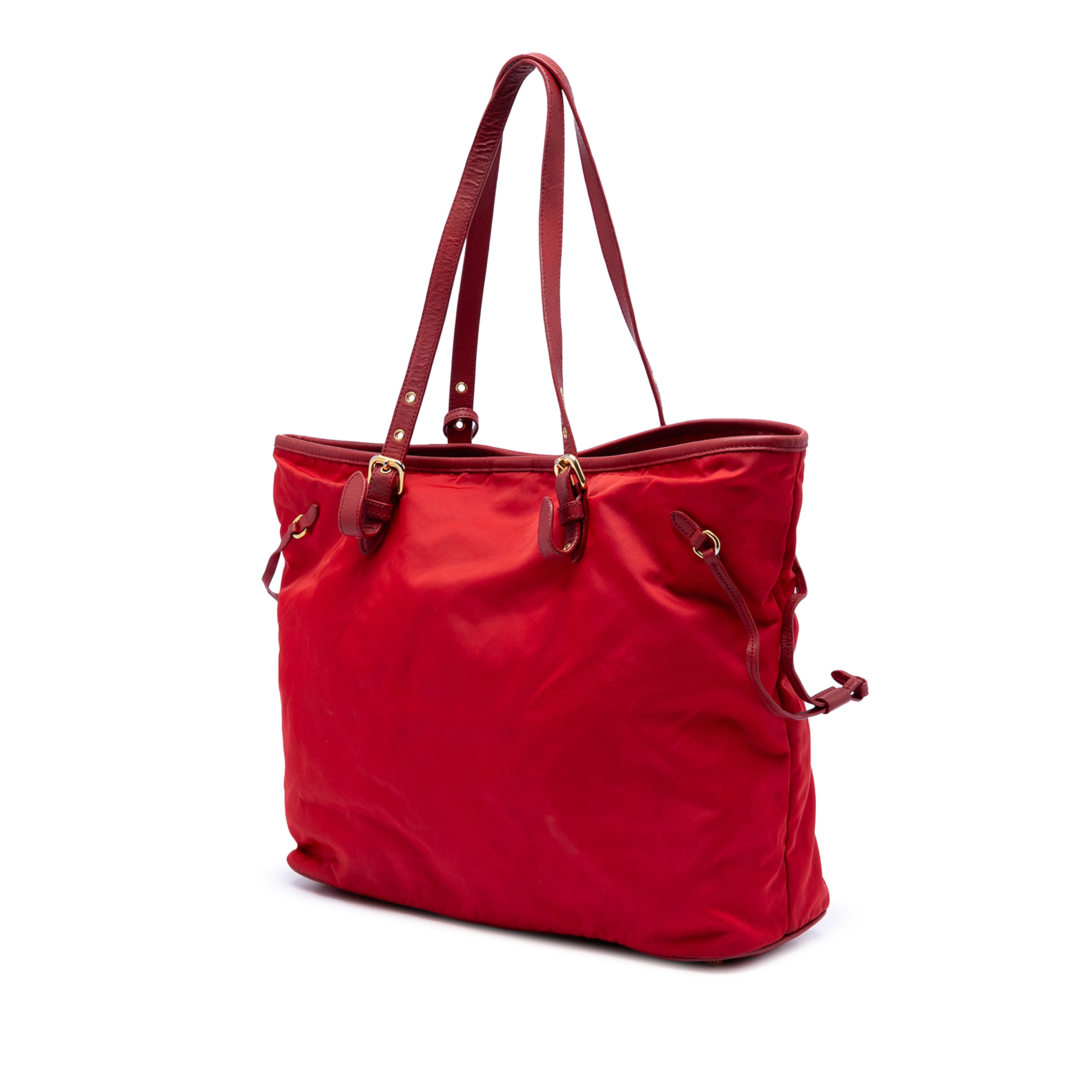 Prada Saffiano Trimmed Tessuto Tote, från Luxclusif, i färgen röd. Klicka för att öppna bilden i stort format