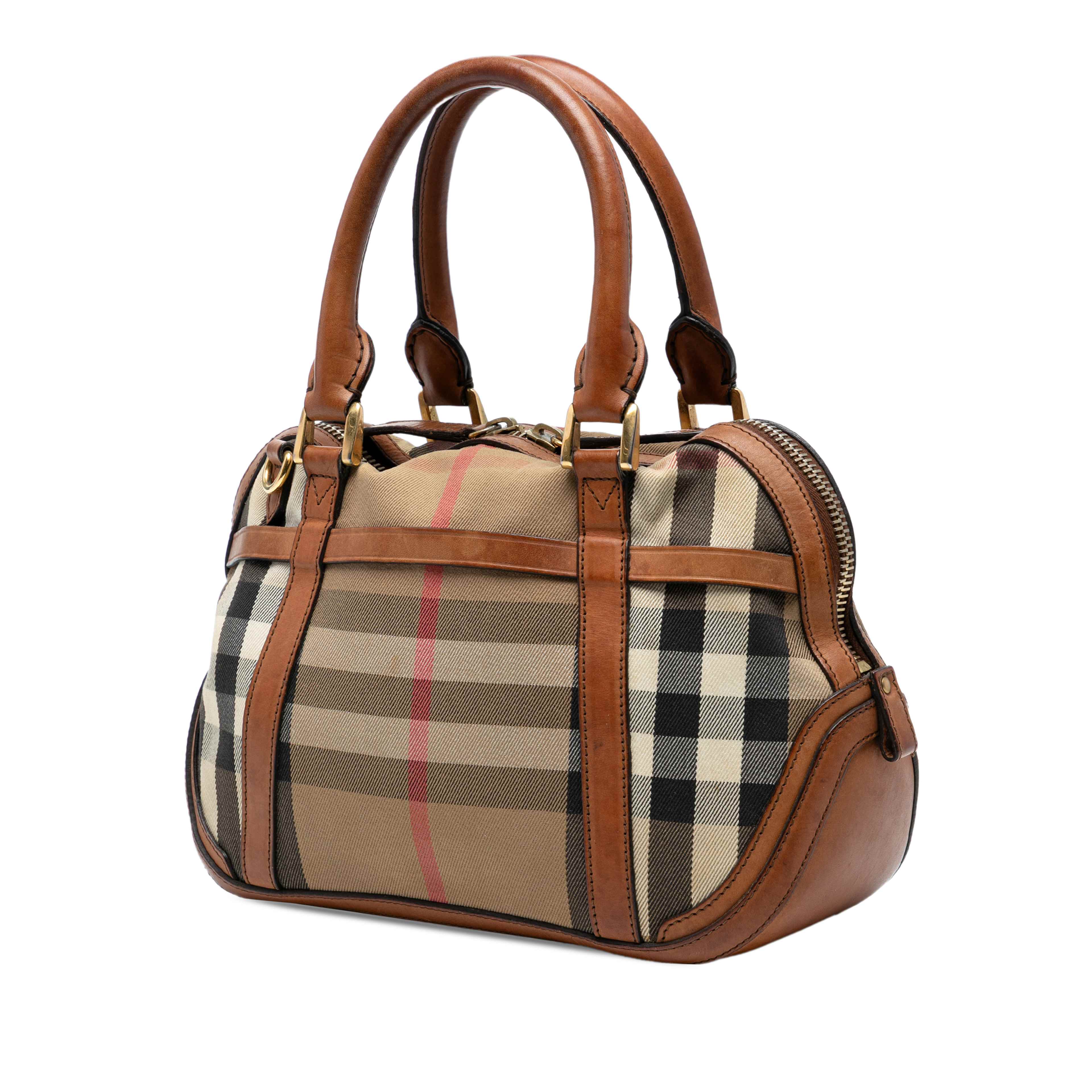 Burberry Small Leather Trimmed House Check Canvas Bridle Orchard Satchel, från Luxclusif, i färgen light brown. Klicka för att öppna bilden i stort format