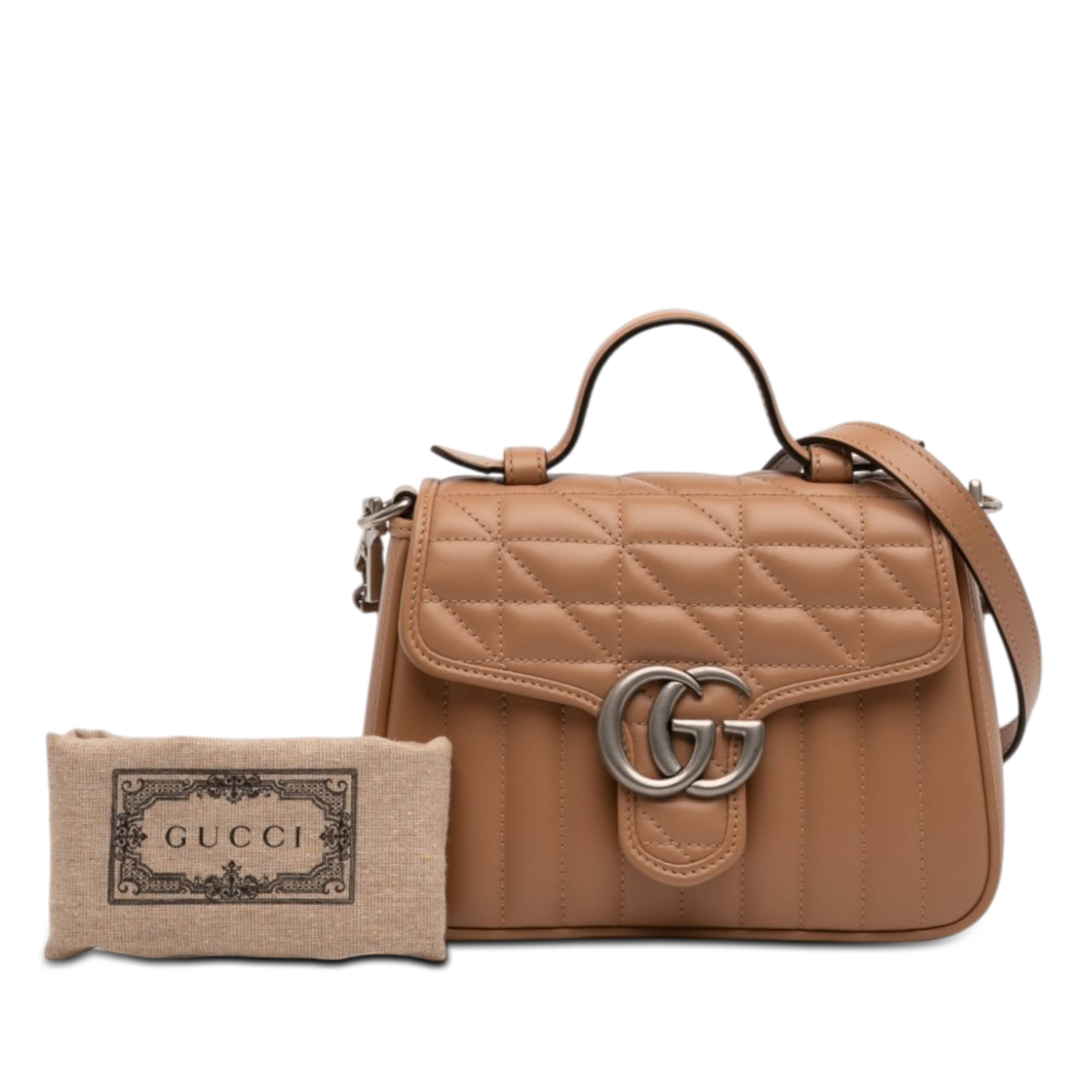 Gucci Mini Gg Marmont Matelasse Calfskin Aria Top Handle Bag, från Luxclusif, i färgen brun. Klicka för att öppna bilden i stort format
