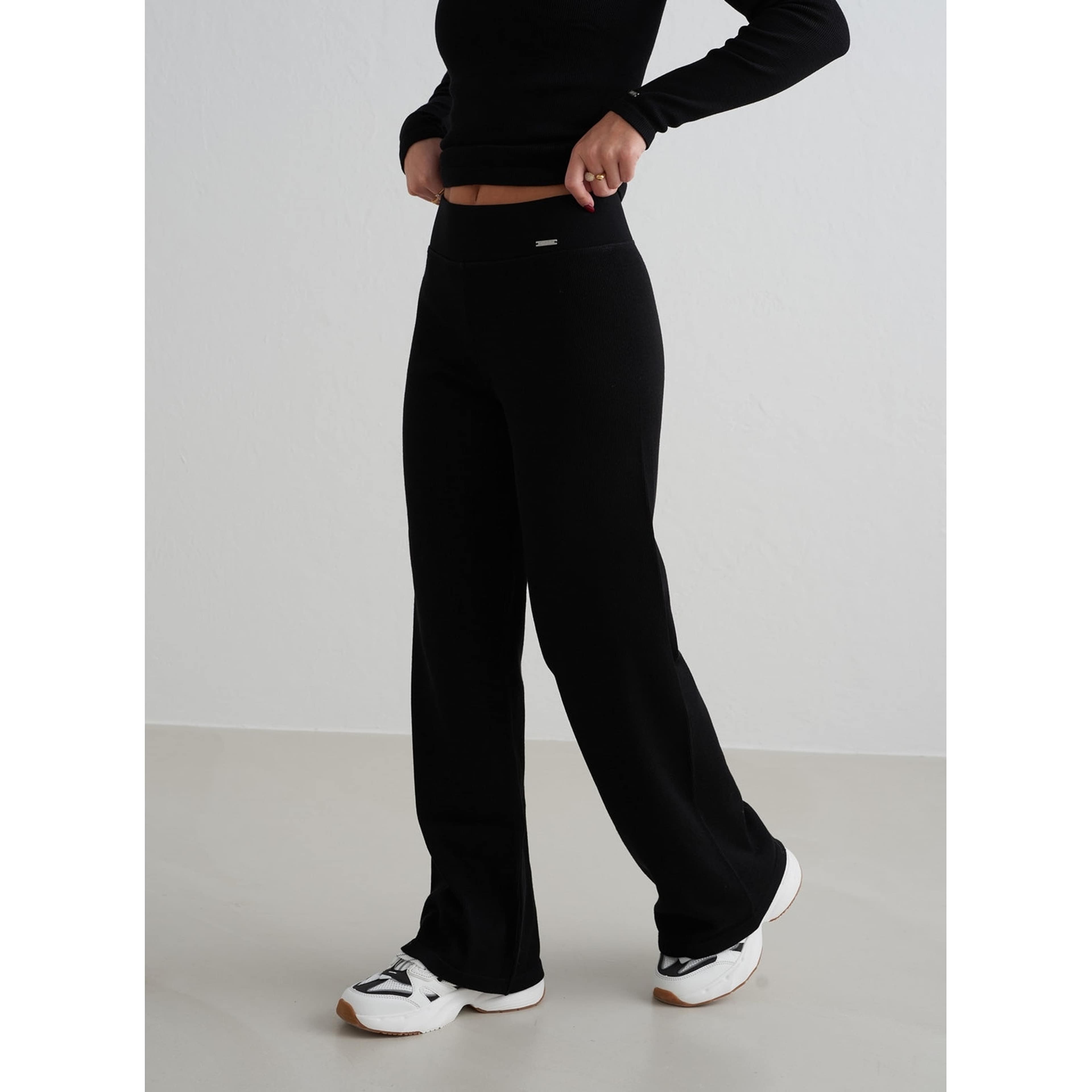 Black Ribbed Wool Petite Wide Pants