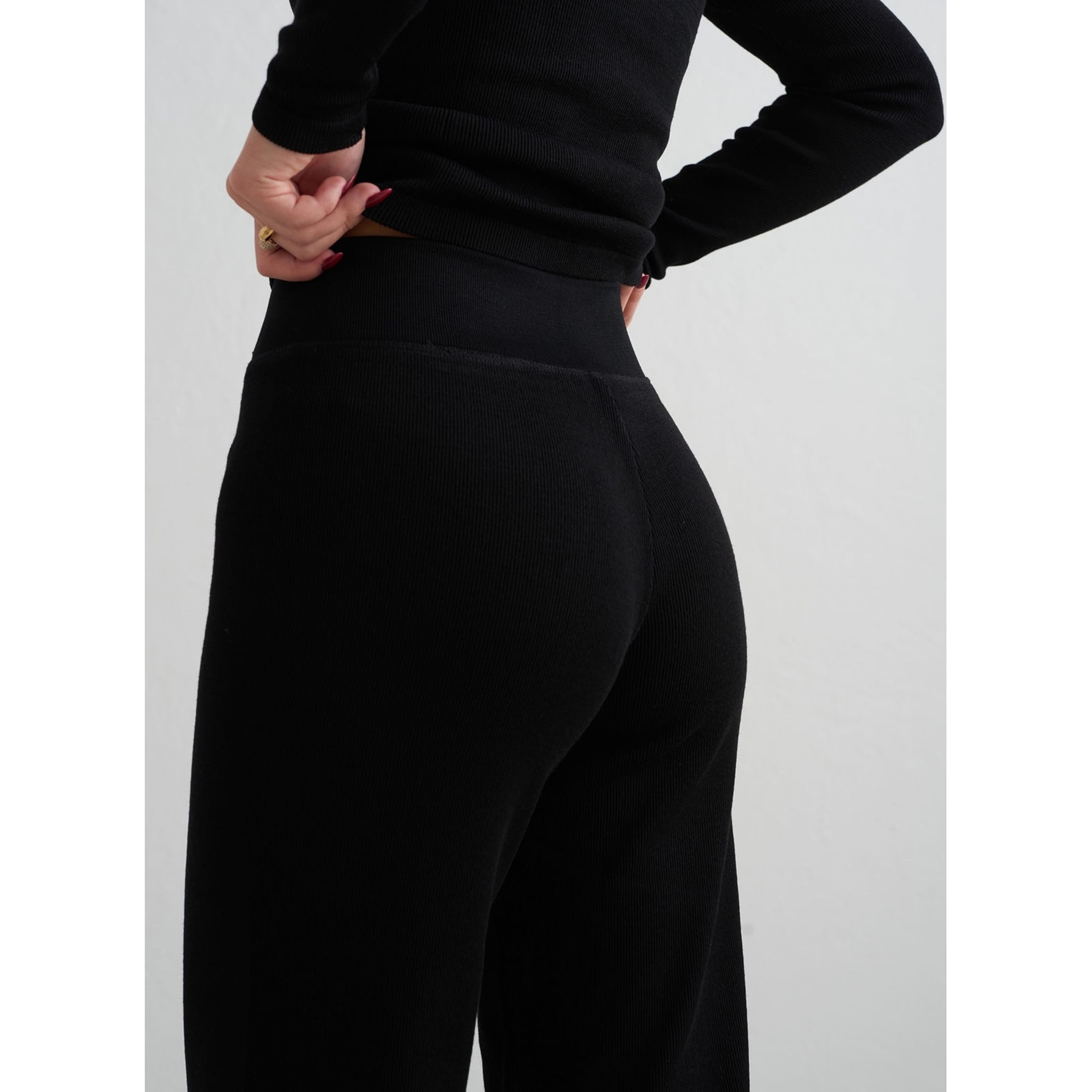 Black Ribbed Wool Petite Wide Pants