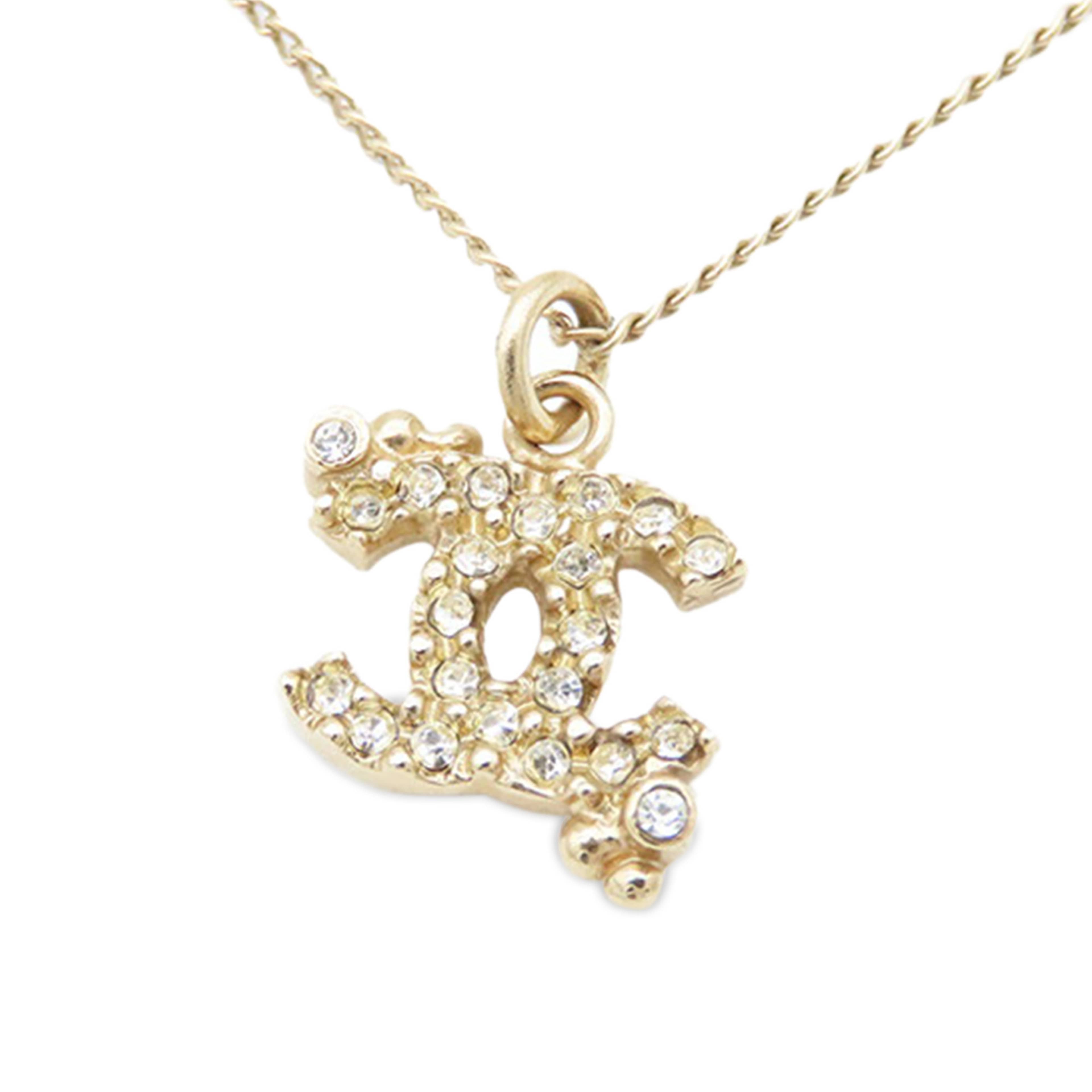 Chanel Gold Plated Cc Rhinestones Pendant Necklace