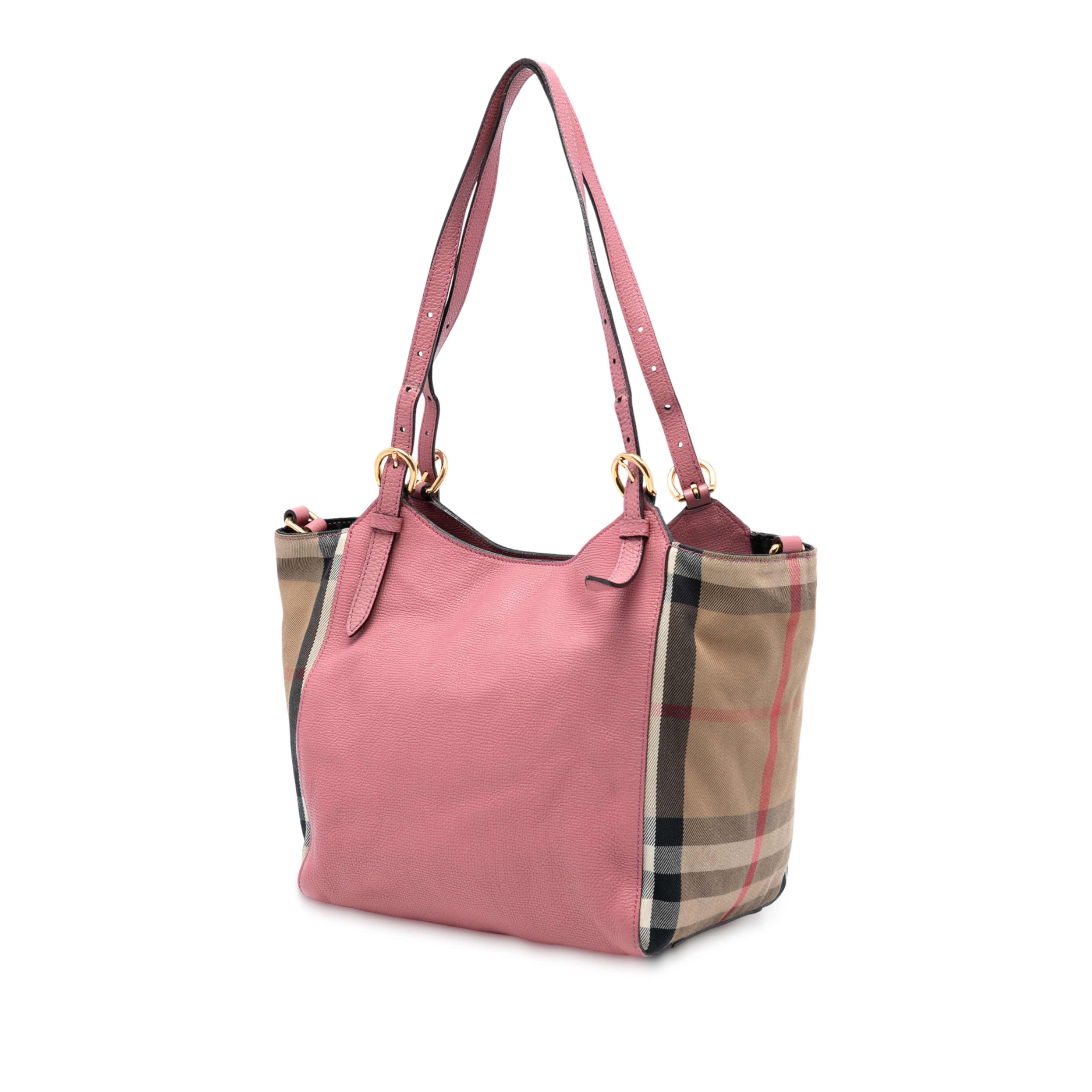 Burberry Small Leather And House Check Canvas Canterbury Tote, från Luxclusif, i färgen pink. Klicka för att öppna bilden i stort format