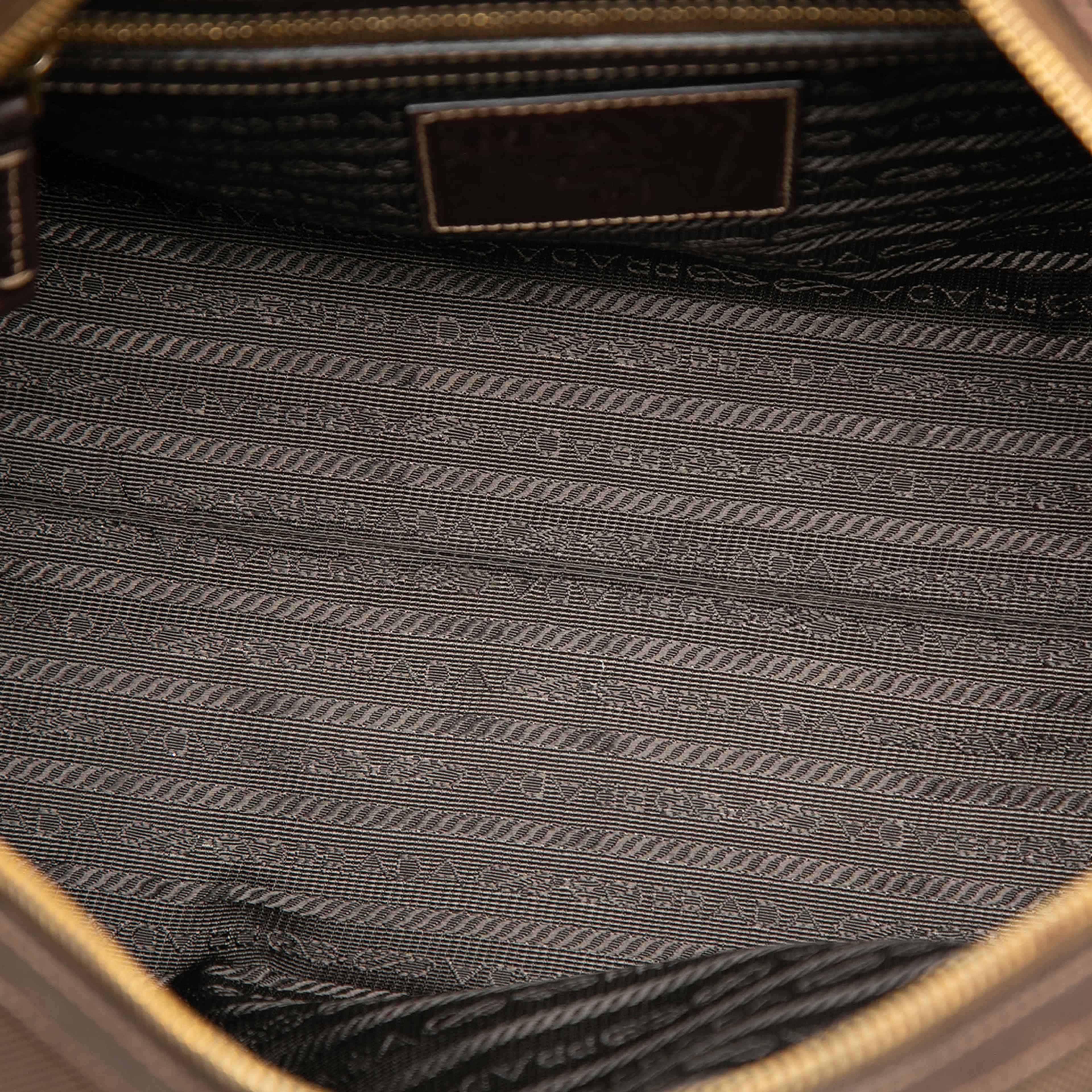 Prada Canvas Canapa Logo Satchel, från Luxclusif, i färgen dark brown. Klicka för att öppna bilden i stort format