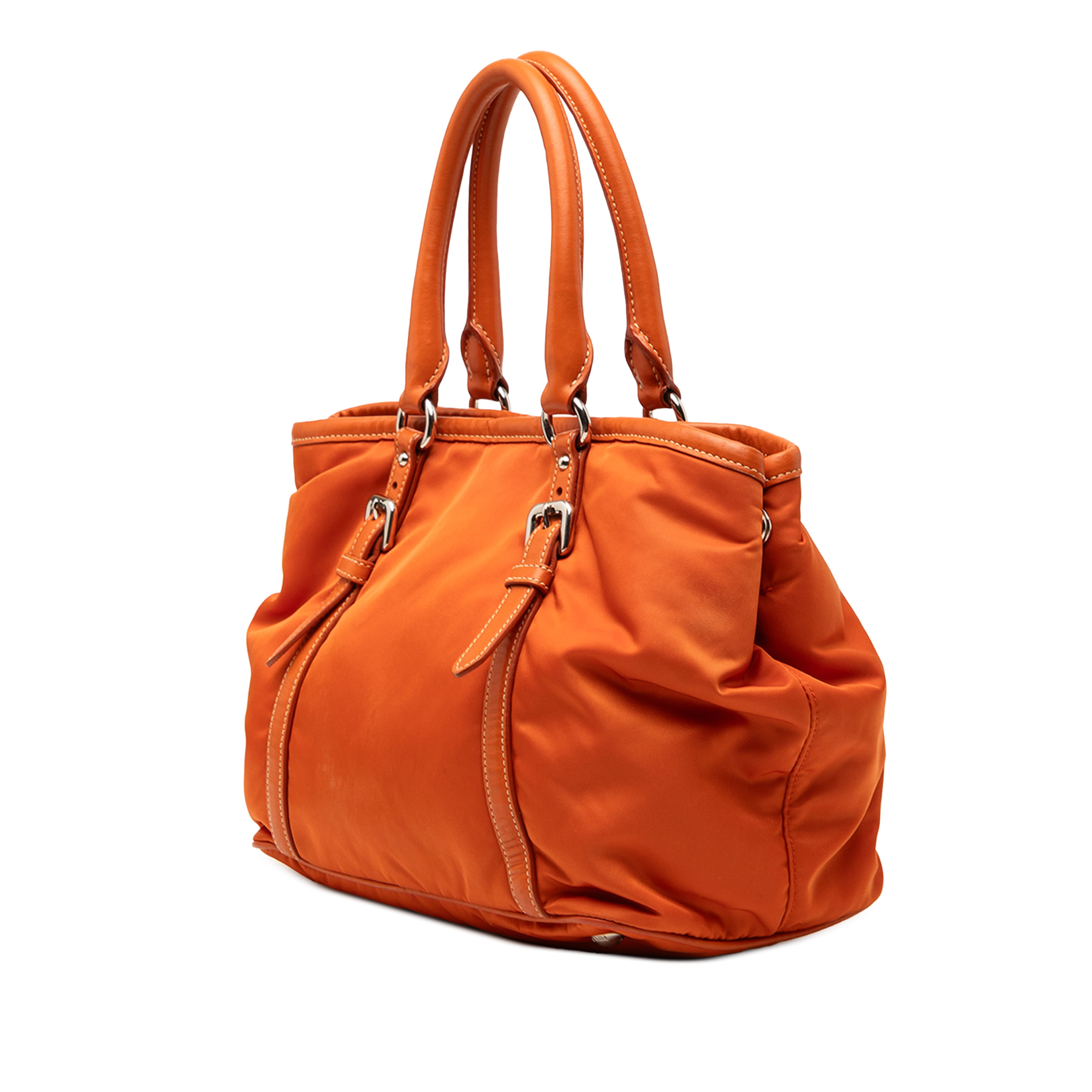Prada Soft Calf Trimmed Tessuto Satchel, från Luxclusif, i färgen orange. Klicka för att öppna bilden i stort format