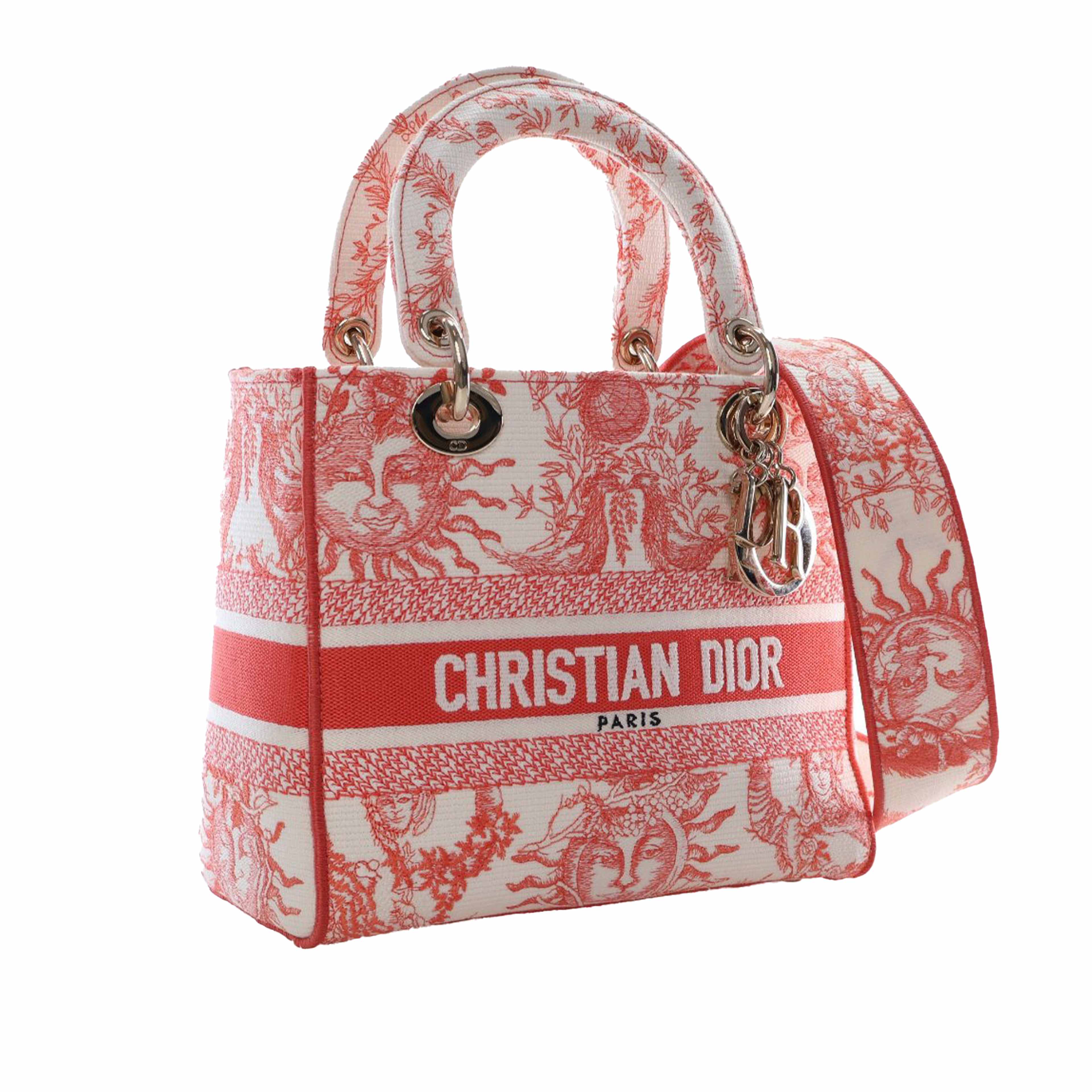Dior Medium Embroidered Canvas Toile De Jouy Soleil Lady D Lite, från Luxclusif, i färgen red. Klicka för att öppna bilden i stort format