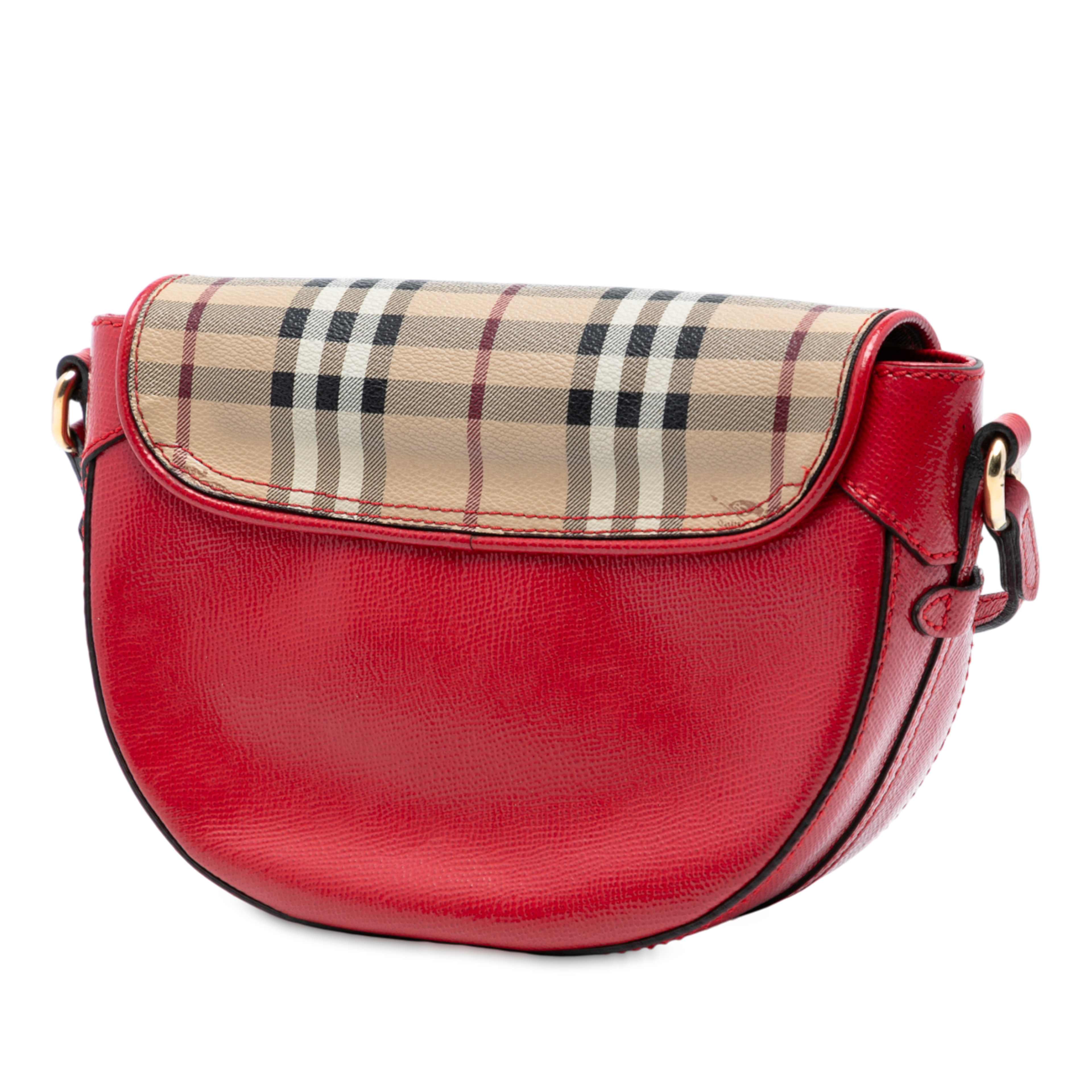Burberry Patent Leather And Haymarket Check Coated Canvas Maydown Crossbody, från Luxclusif, i färgen red. Klicka för att öppna bilden i stort format