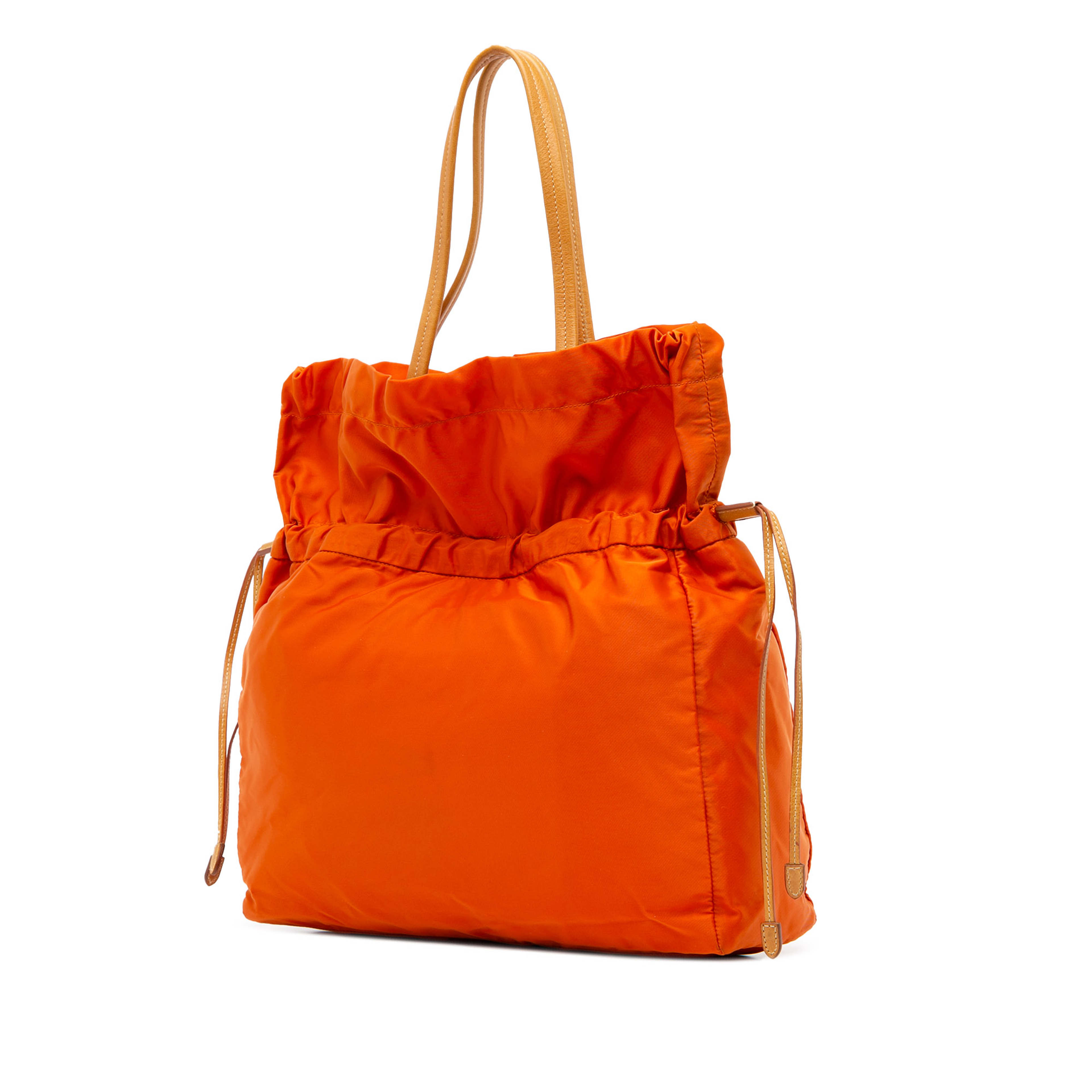 Prada Tessuto Logo Drawstring Tote, från Luxclusif, i färgen orange. Klicka för att öppna bilden i stort format