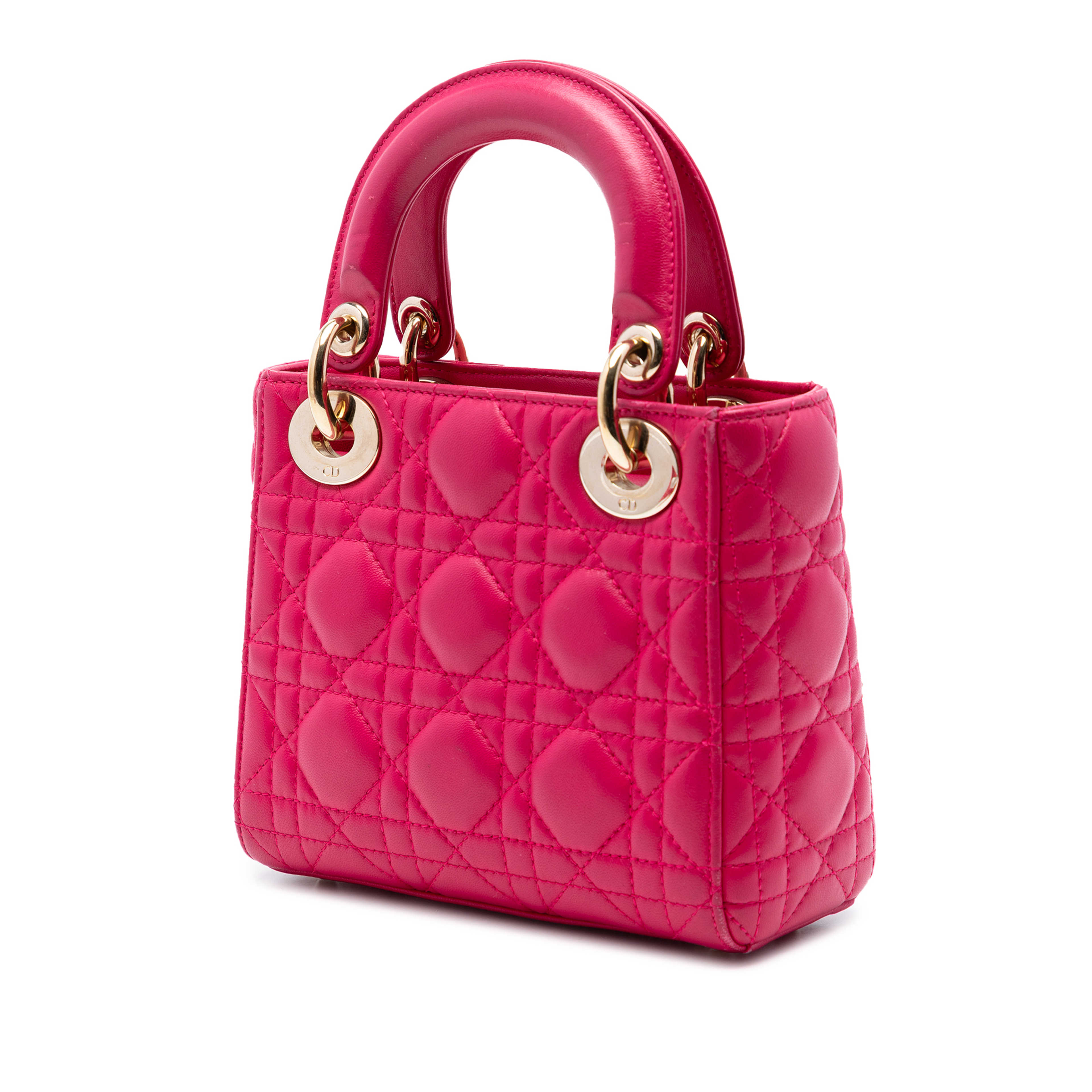 Dior Mini Lambskin Cannage Lady Dior, från Luxclusif, i färgen hot pink. Klicka för att öppna bilden i stort format