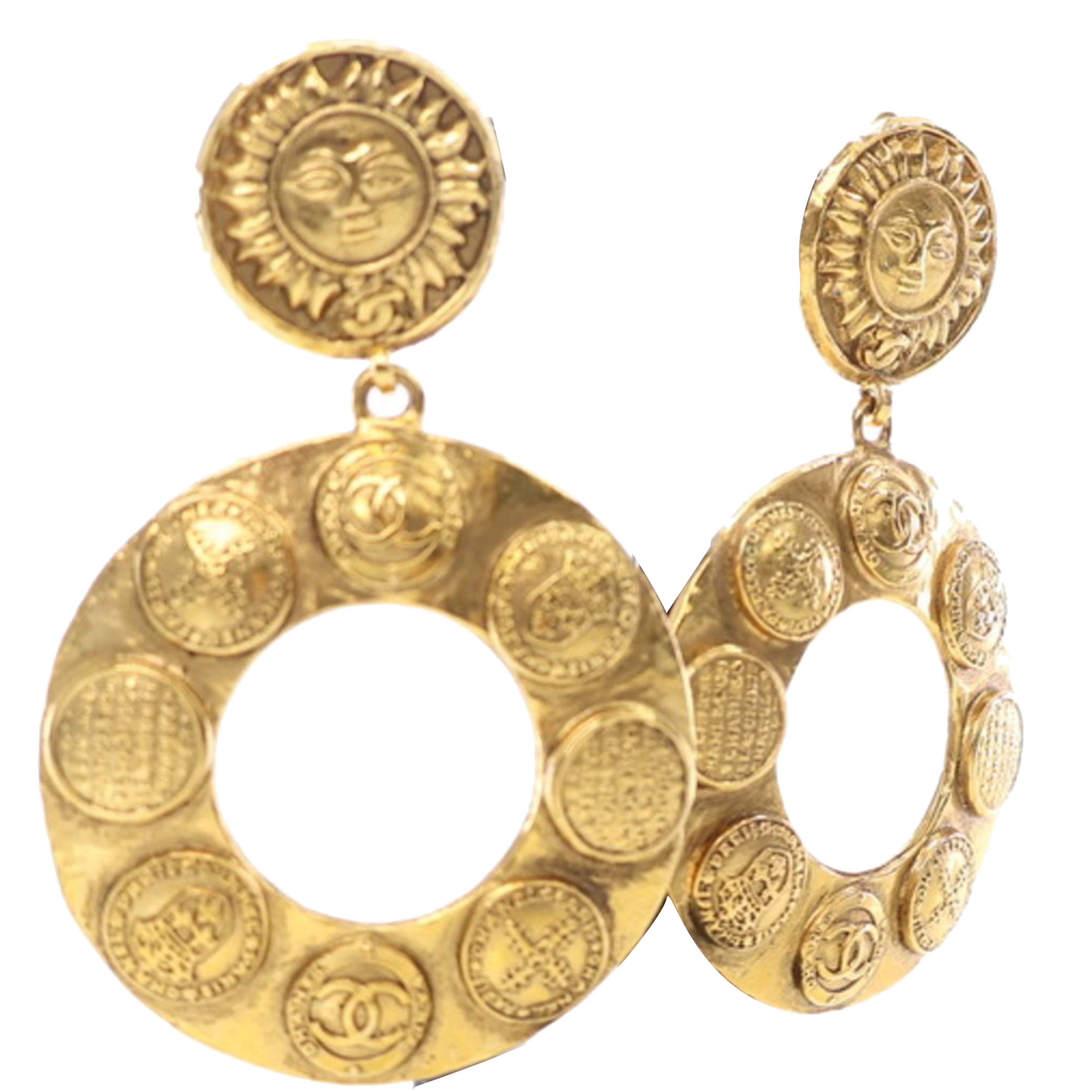 Chanel Gold Plated Sun Coin Medallion Motif Hoop Drop Earrings