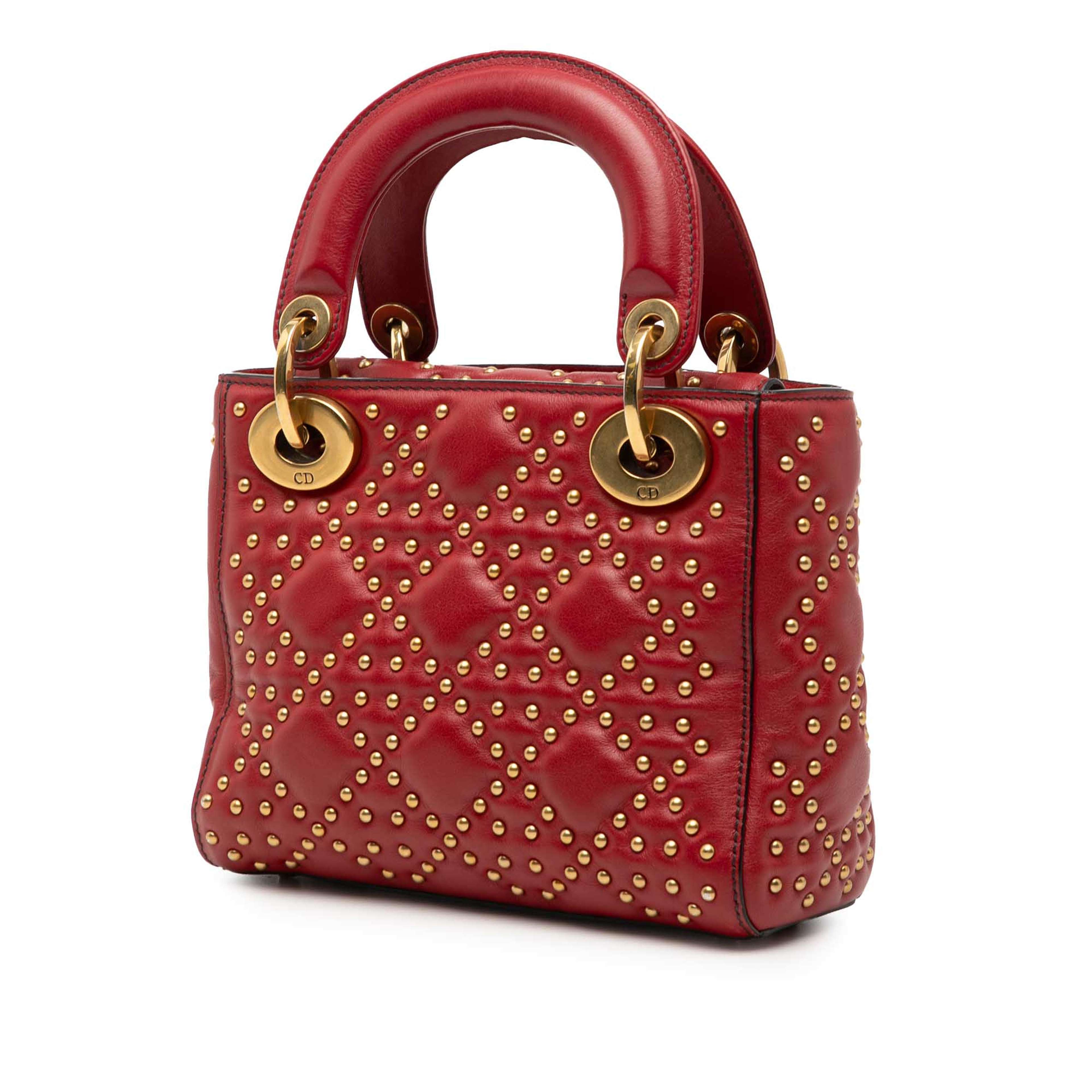Dior Mini Lambskin Cannage Studded Supple Lady Dior, från Luxclusif, i färgen röd. Klicka för att öppna bilden i stort format