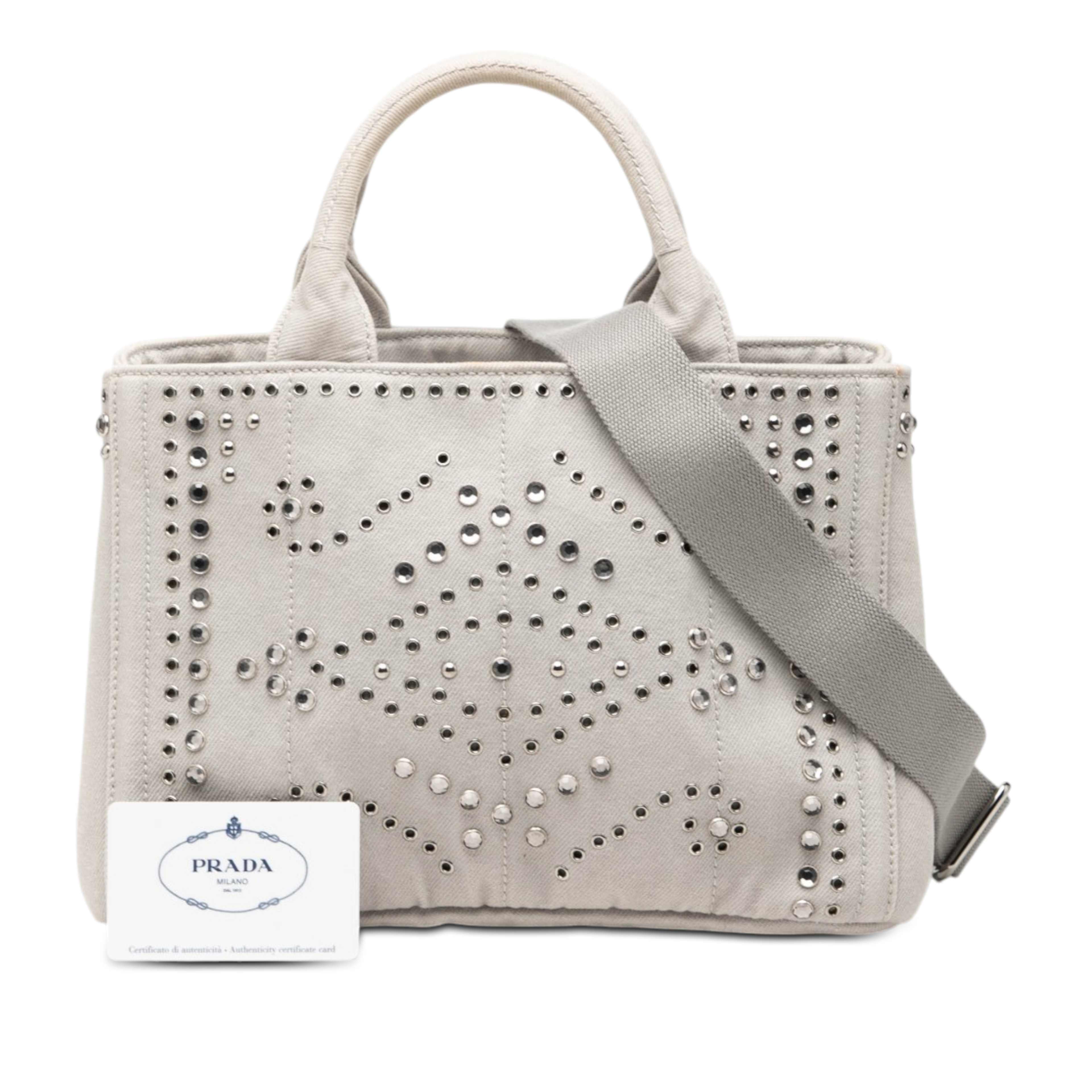 Prada Small Denim Canapa Bijoux And Grommet Satchel, från Luxclusif, i färgen grå. Klicka för att öppna bilden i stort format