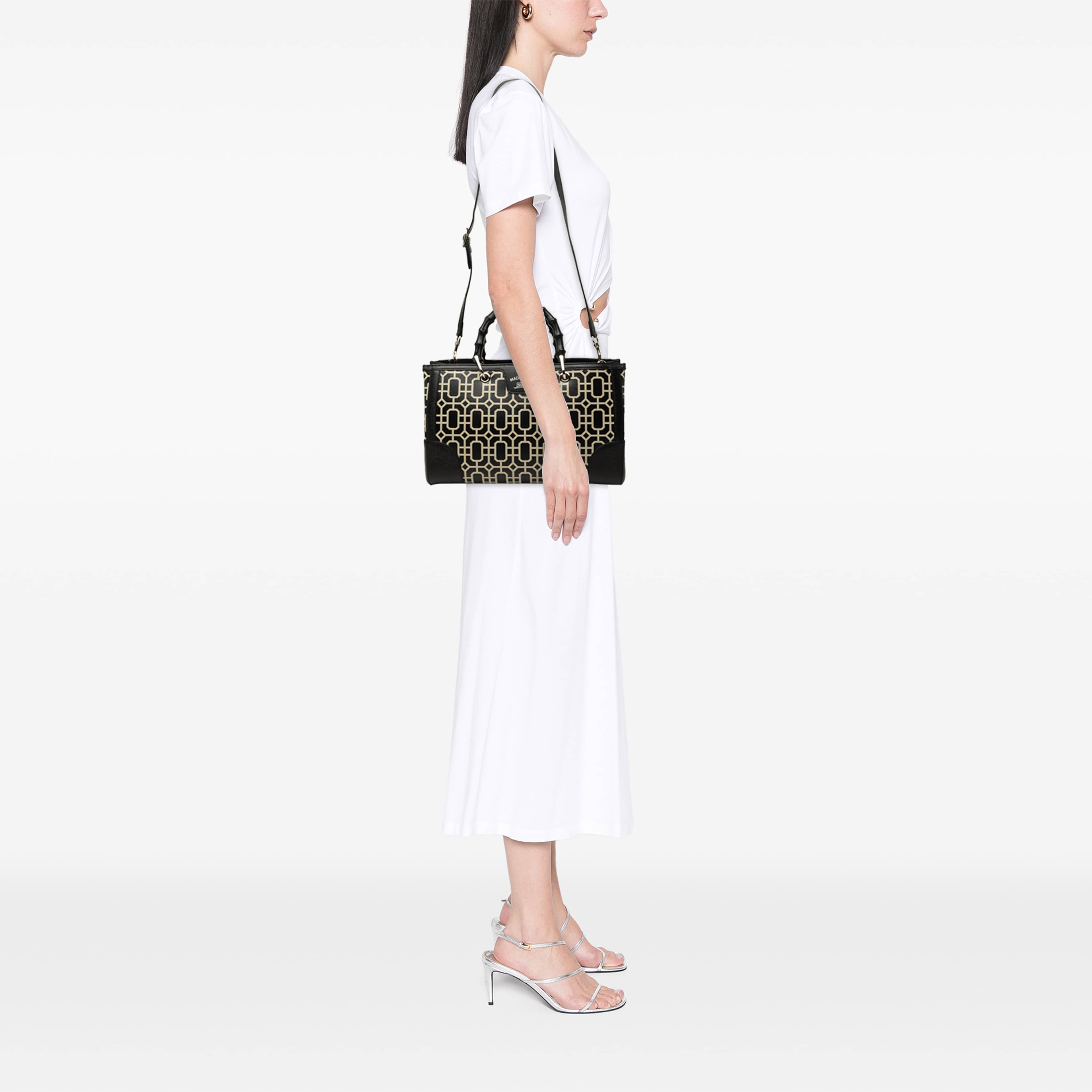Gucci Medium Printed Calfskin Bamboo Satchel, från Luxclusif, i färgen svart. Klicka för att öppna bilden i stort format