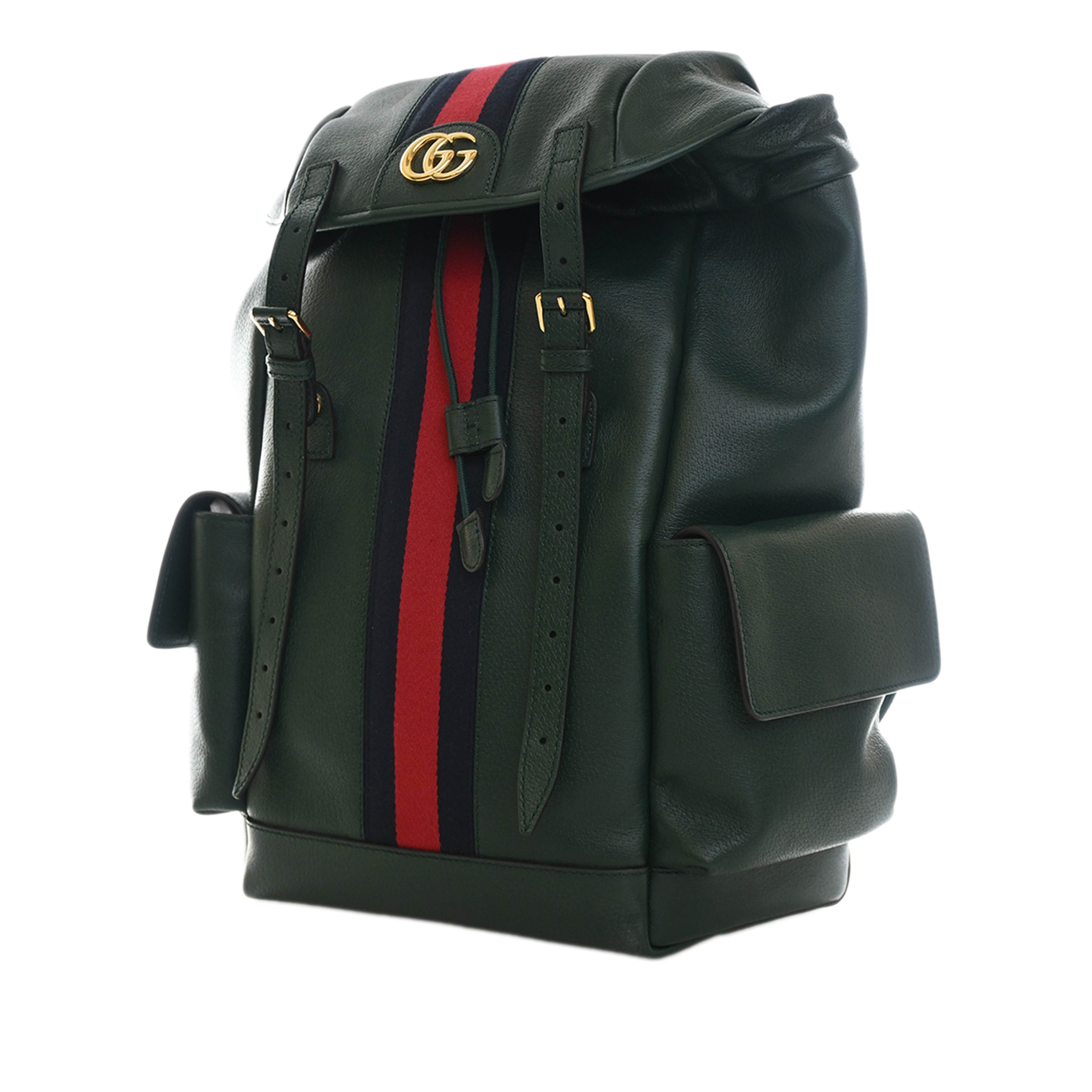 Gucci Large Calfskin Web Ophidia Backpack, från Luxclusif, i färgen grön. Klicka för att öppna bilden i stort format