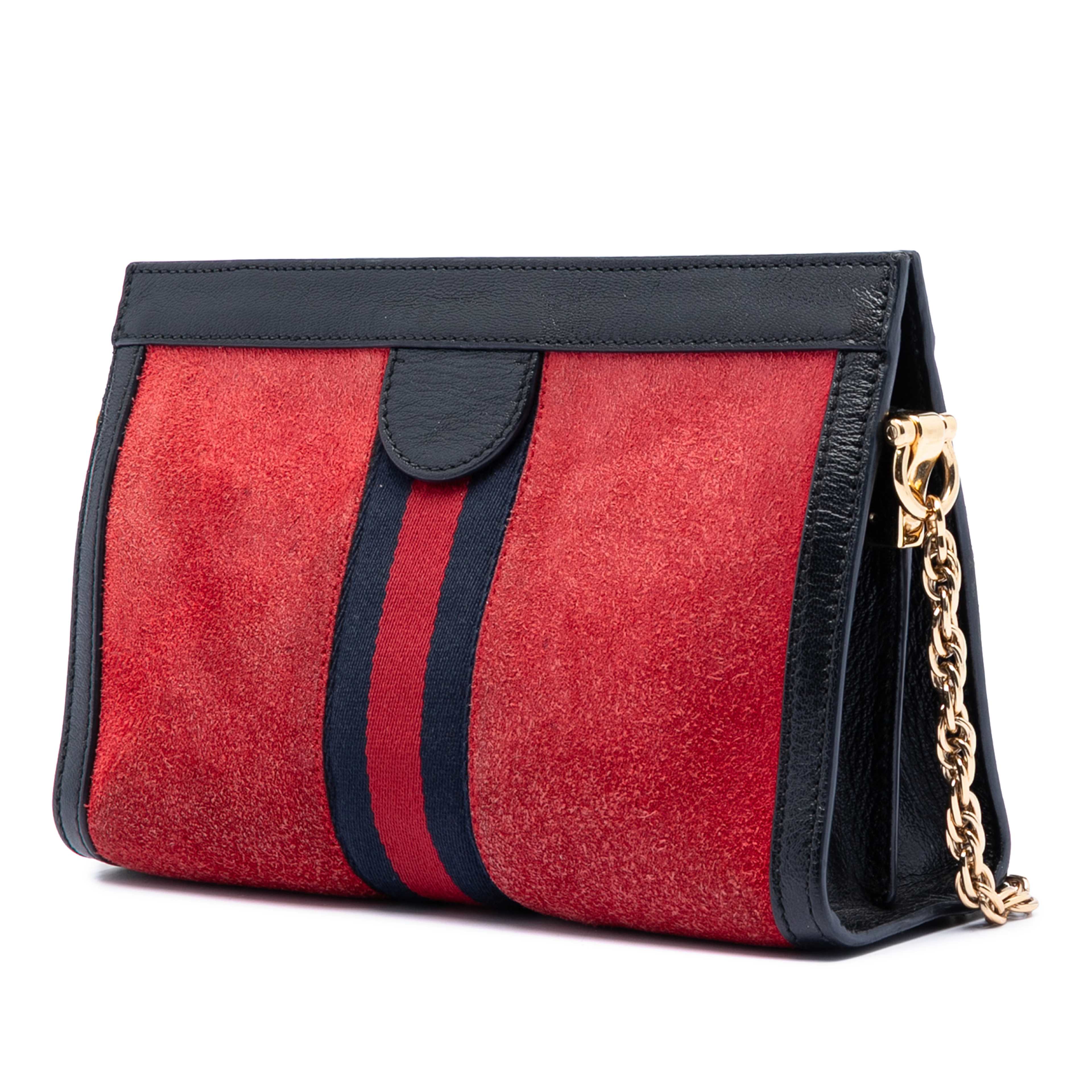 Gucci Small Suede Web Ophidia Chain Crossbody, från Luxclusif, i färgen röd. Klicka för att öppna bilden i stort format