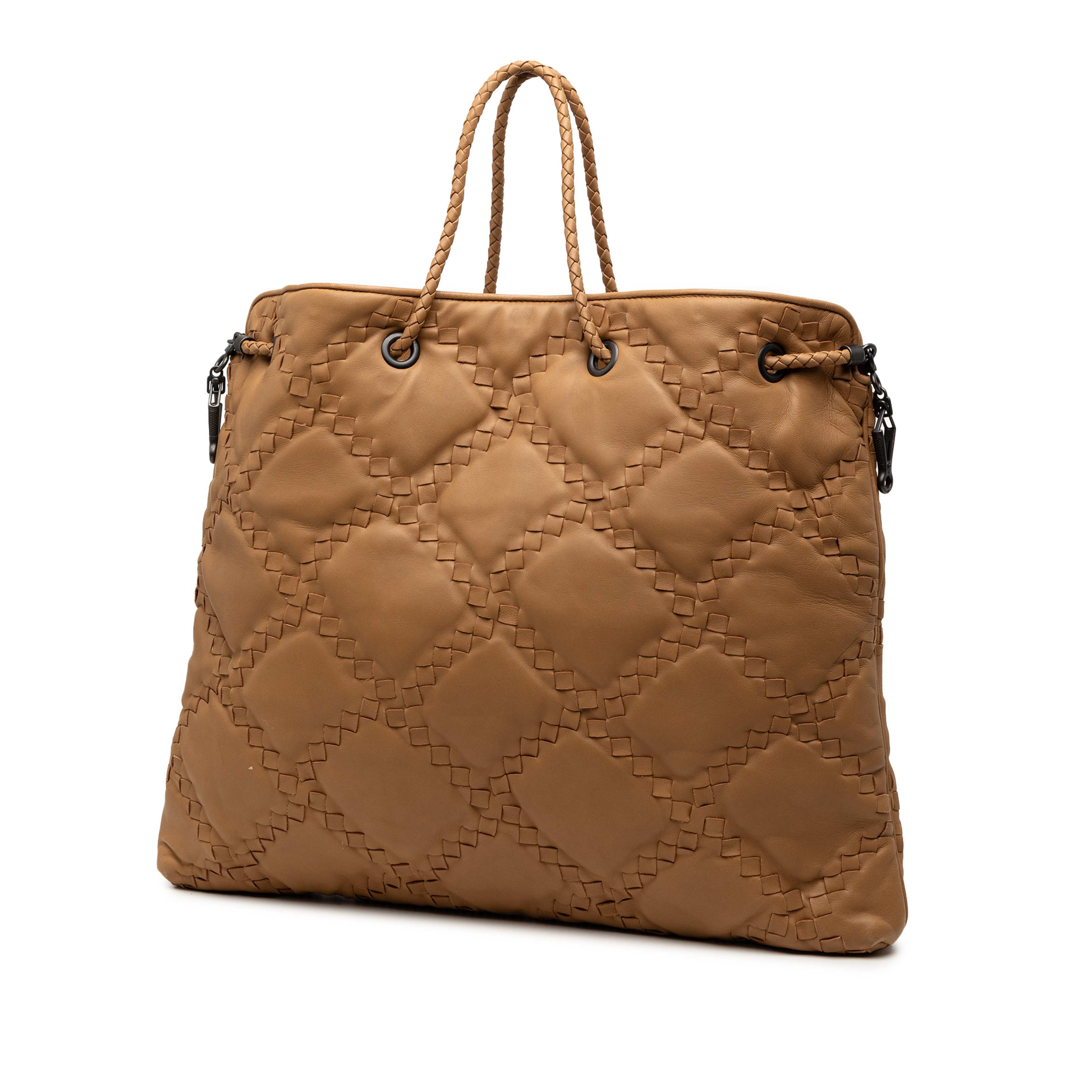 Bottega Veneta Intrecciato Trimmed Leather Croisette Drawstring Tote, från Luxclusif, i färgen brun. Klicka för att öppna bilden i stort format