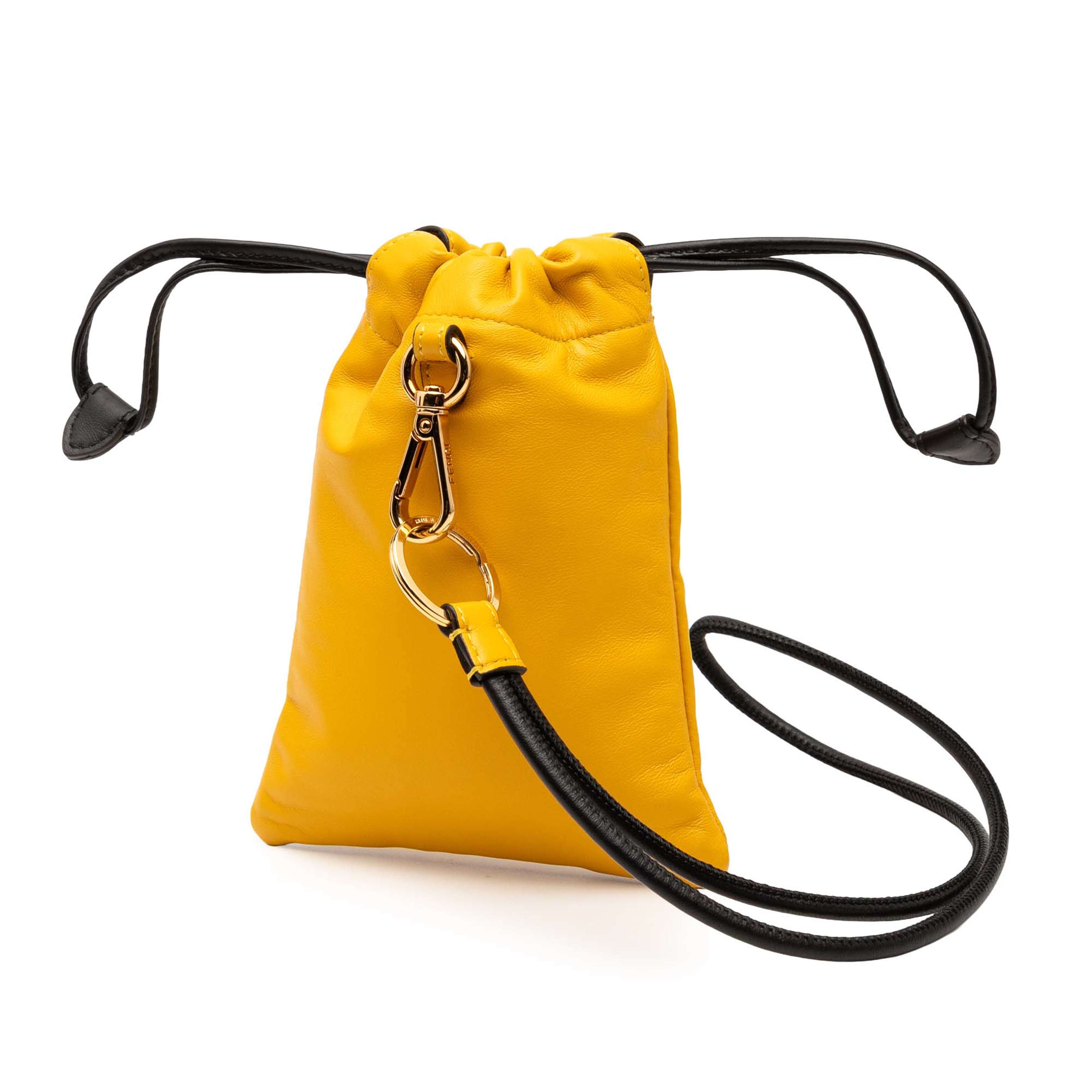 Fendi Mini Nappa Drawstring Pouch, från Luxclusif, i färgen yellow. Klicka för att öppna bilden i stort format