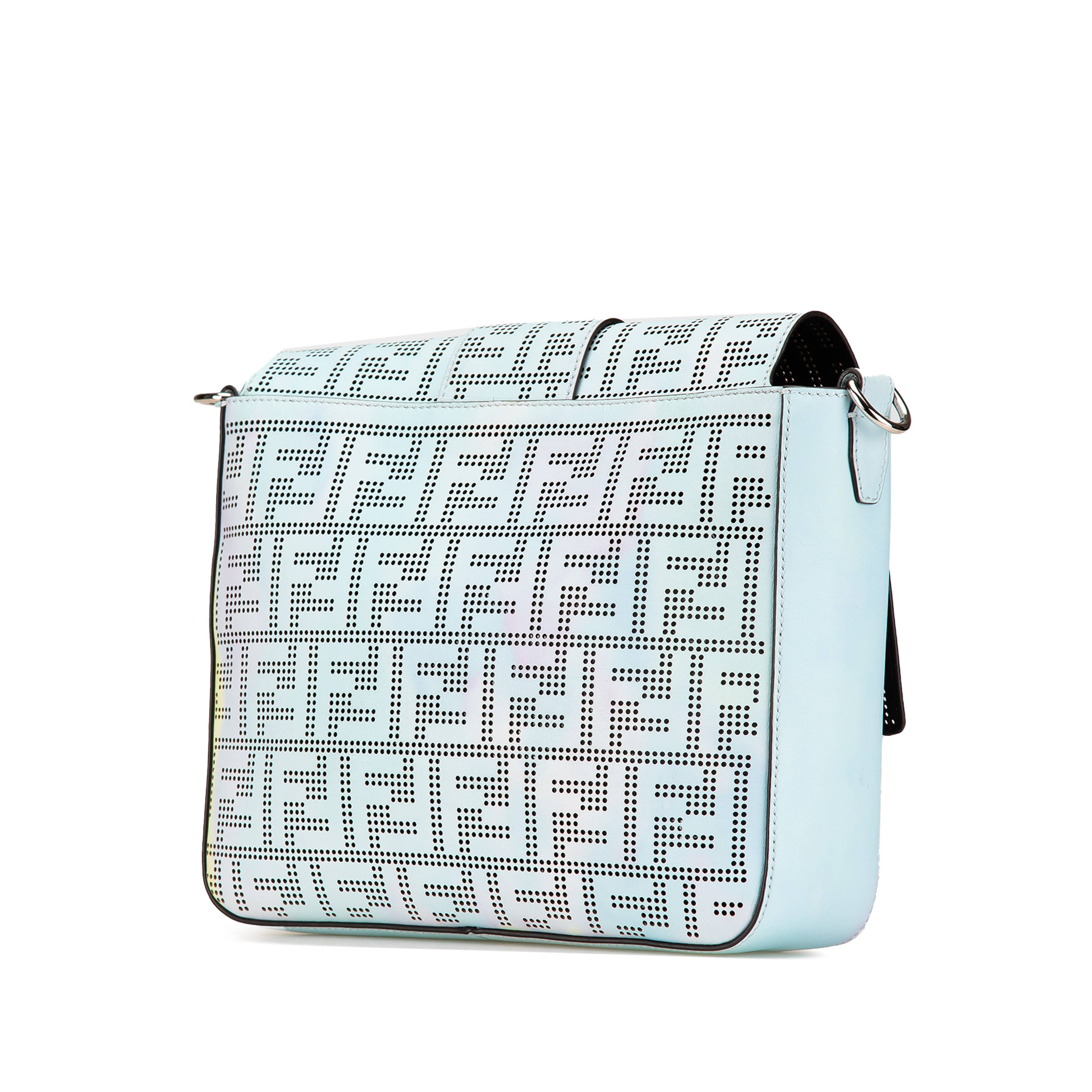 Fendi Medium Zucca Perforated Leather Baguette Messenger Bag, från Luxclusif, i färgen light blue. Klicka för att öppna bilden i stort format