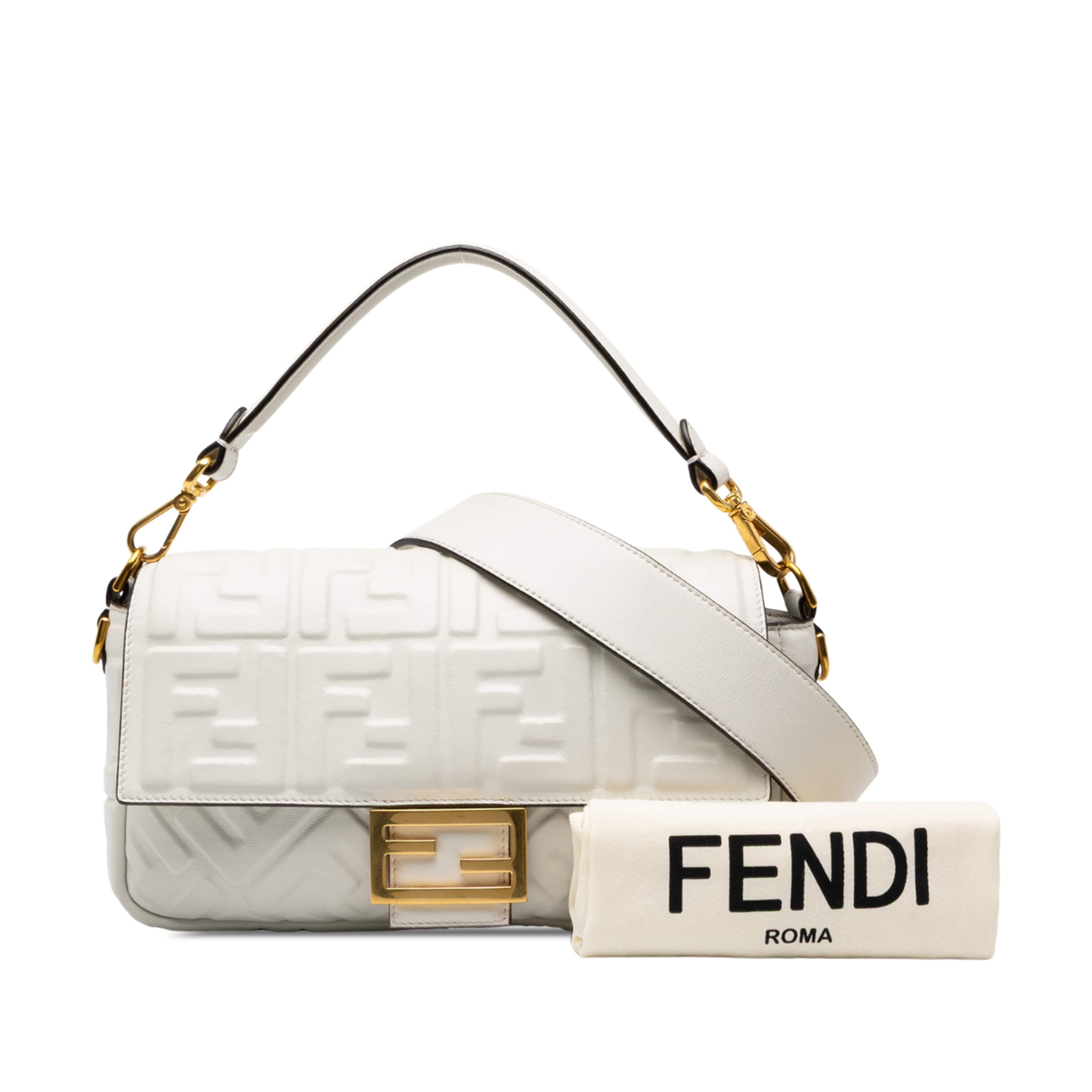 Fendi Zucca Embossed Leather Baguette Satchel, från Luxclusif, i färgen vit. Klicka för att öppna bilden i stort format