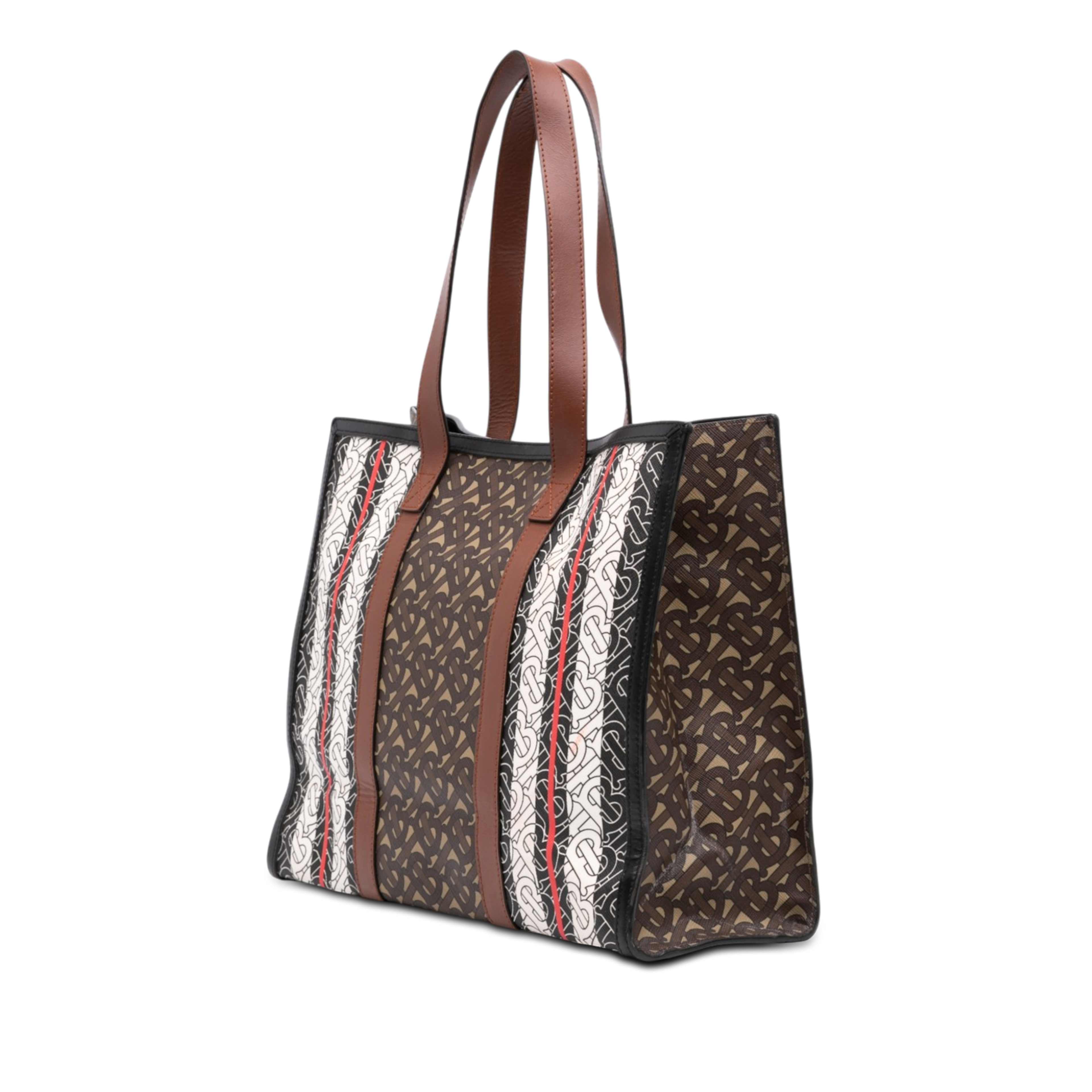 Burberry Tb Monogram E Canvas Stripe Book Tote, från Luxclusif, i färgen brun. Klicka för att öppna bilden i stort format