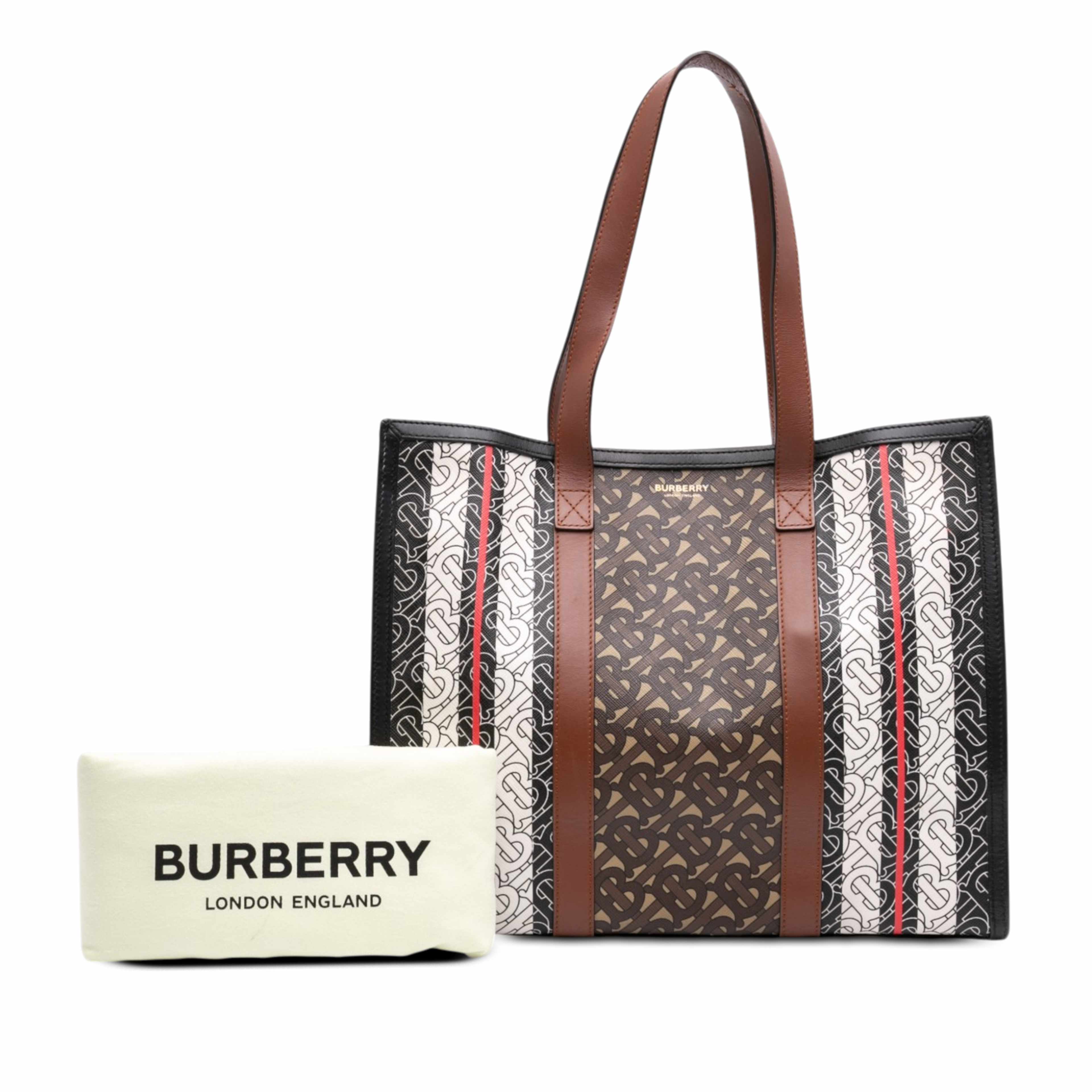 Burberry Tb Monogram E Canvas Stripe Book Tote, från Luxclusif, i färgen brun. Klicka för att öppna bilden i stort format