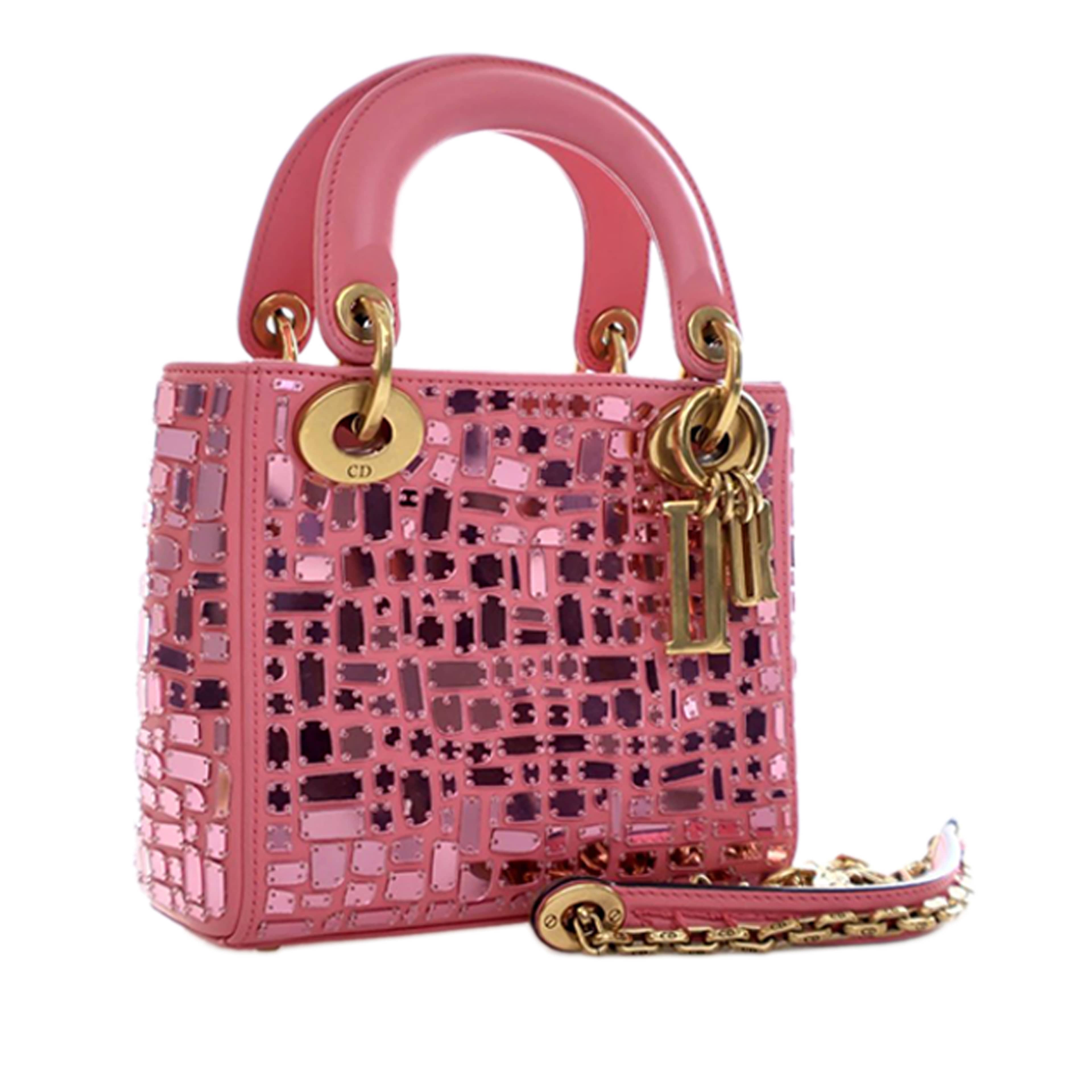 Dior Mini Smooth Calfskin Embroidered Mosaic Of Mirrors Lady Dior, från Luxclusif, i färgen pink. Klicka för att öppna bilden i stort format