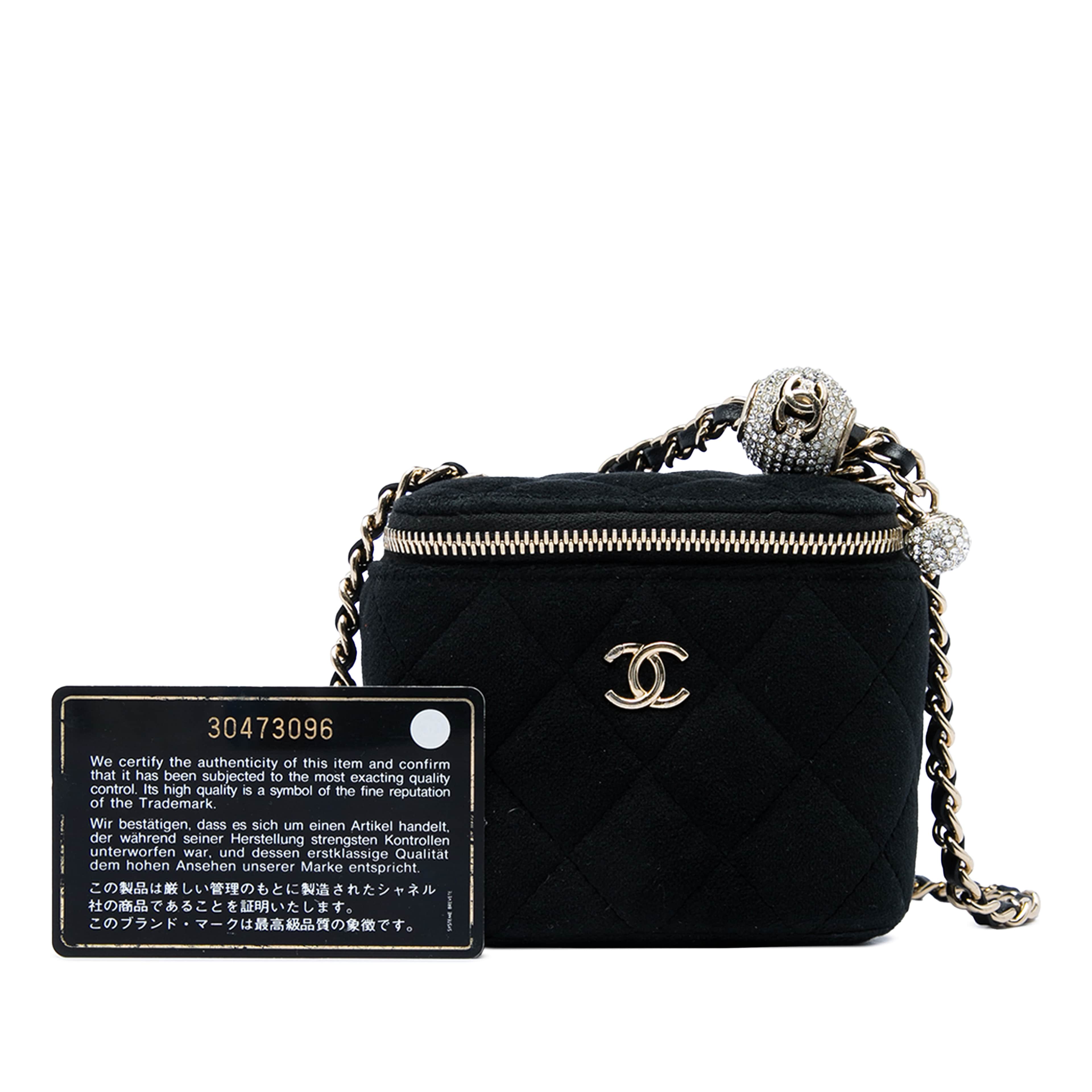 Chanel Mini Velvet Pearl Crush Vanity Case With Chain, från Luxclusif, i färgen svart. Klicka för att öppna bilden i stort format
