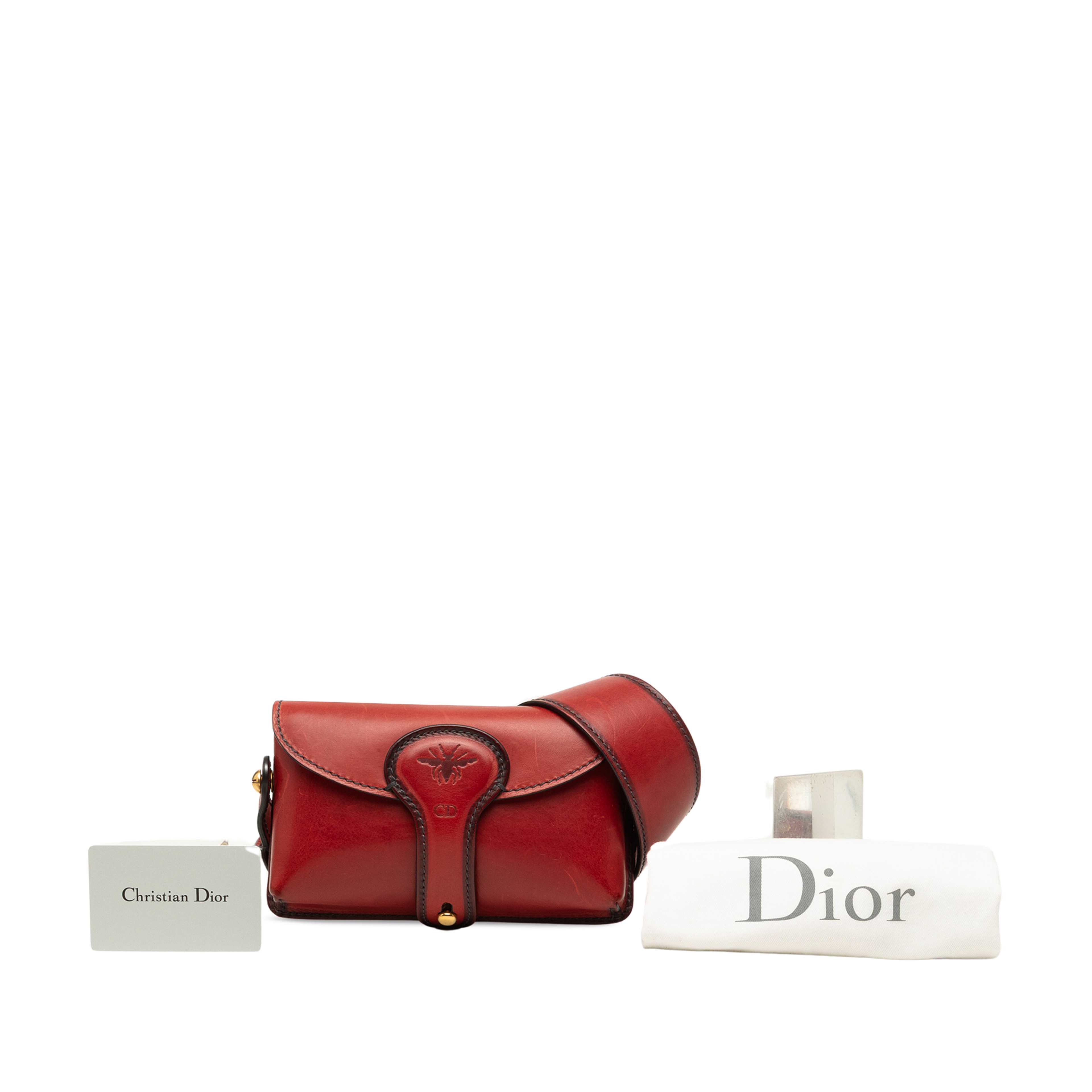 Dior Mini Leather D Bee Saddle Bag, från Luxclusif, i färgen röd. Klicka för att öppna bilden i stort format