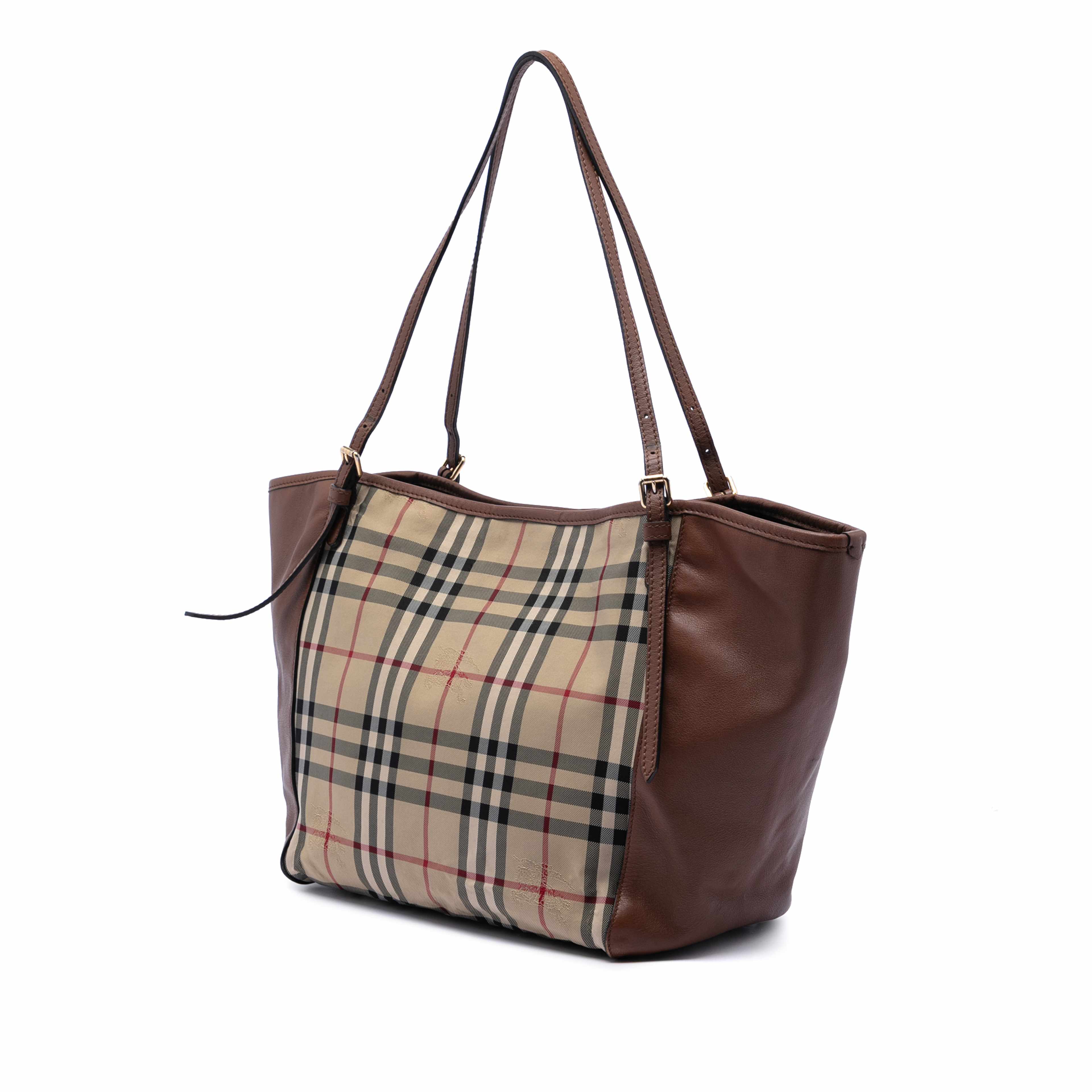 Burberry Small Haymarket Check Canvas And Leather Canterbury Tote, från Luxclusif, i färgen beige. Klicka för att öppna bilden i stort format