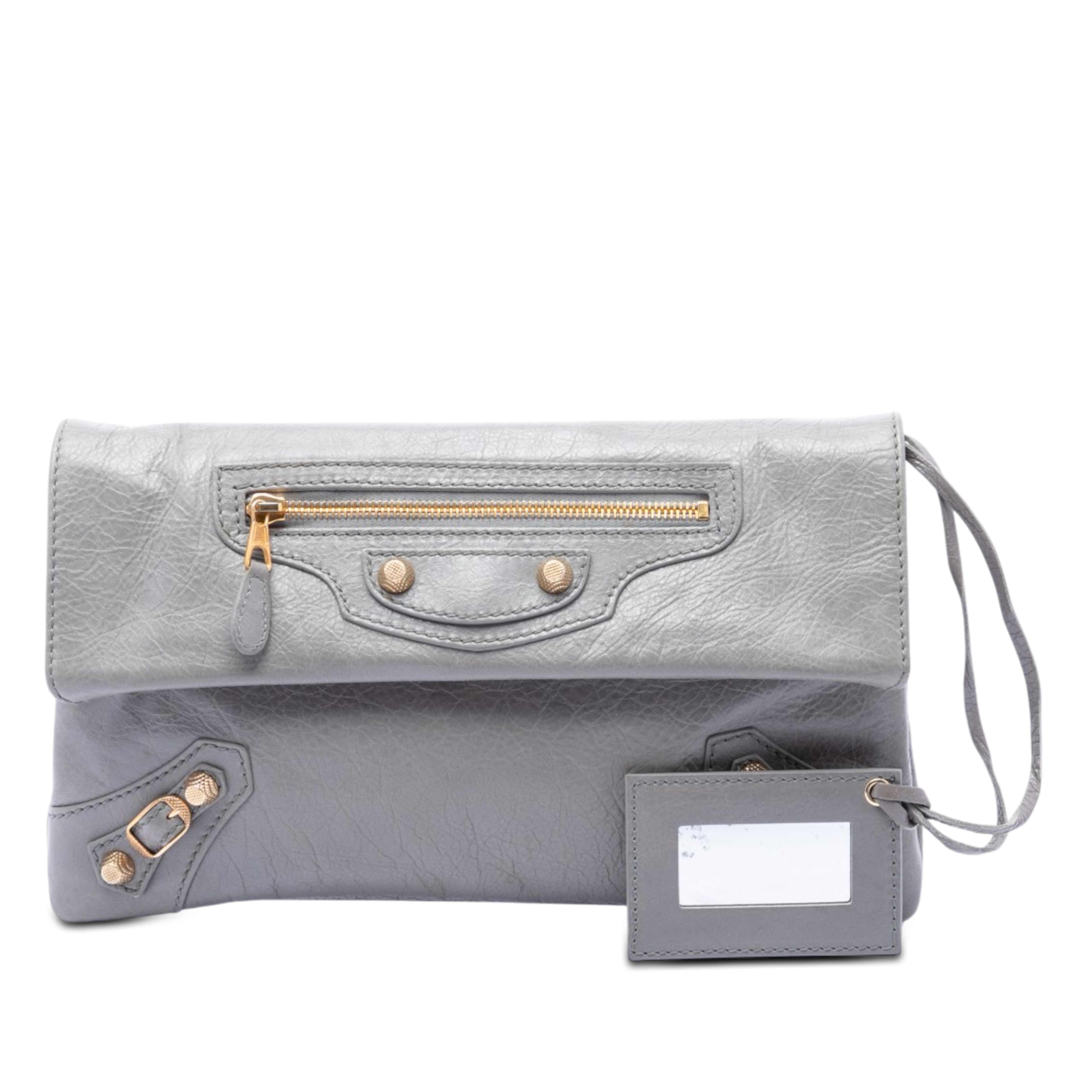 Balenciaga Lambskin Motocross Giant 12 Envelope Clutch, från Luxclusif, i färgen grå. Klicka för att öppna bilden i stort format