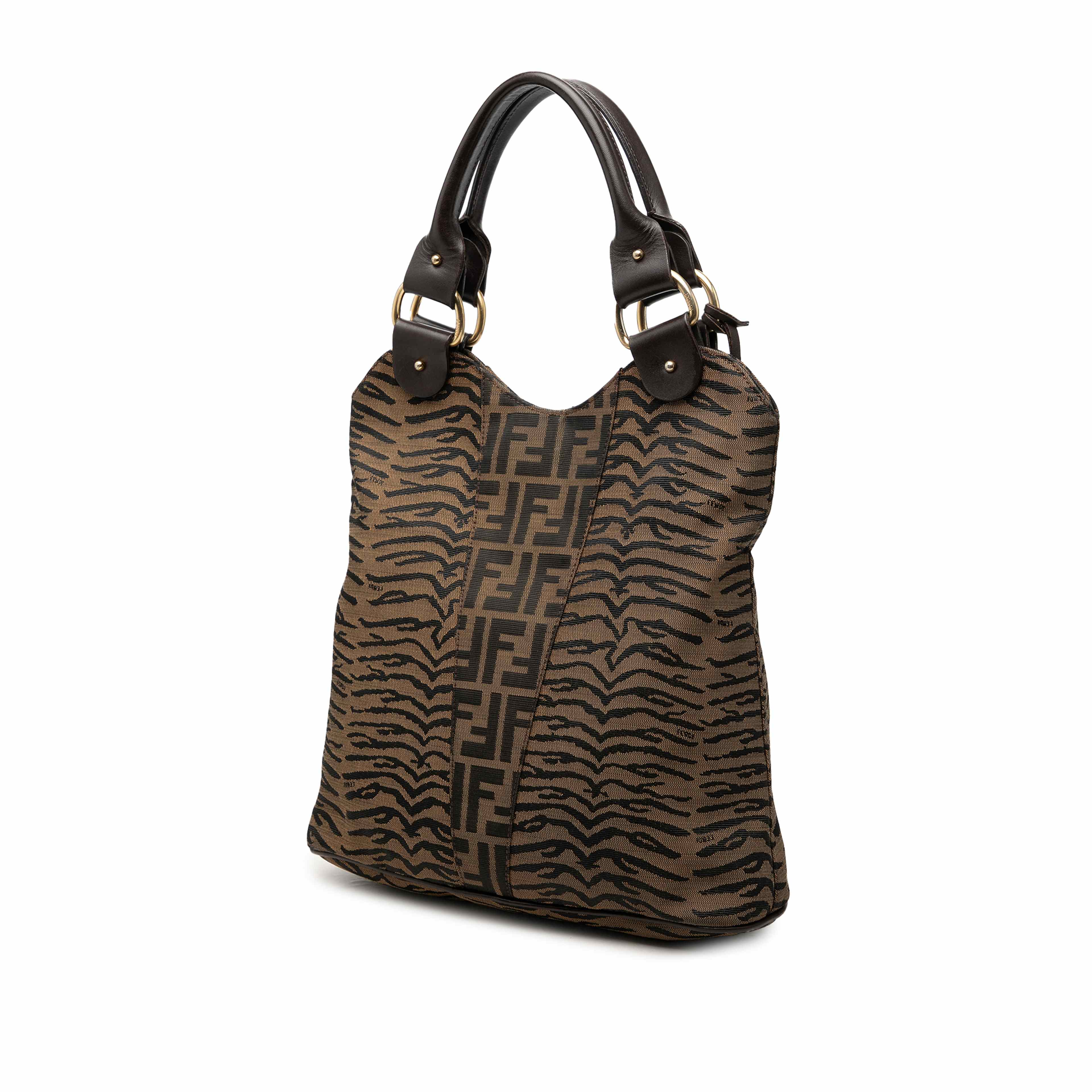 Fendi Zucca Zebra Print Canvas Diavolo Trapezio Tote, från Luxclusif, i färgen brun. Klicka för att öppna bilden i stort format