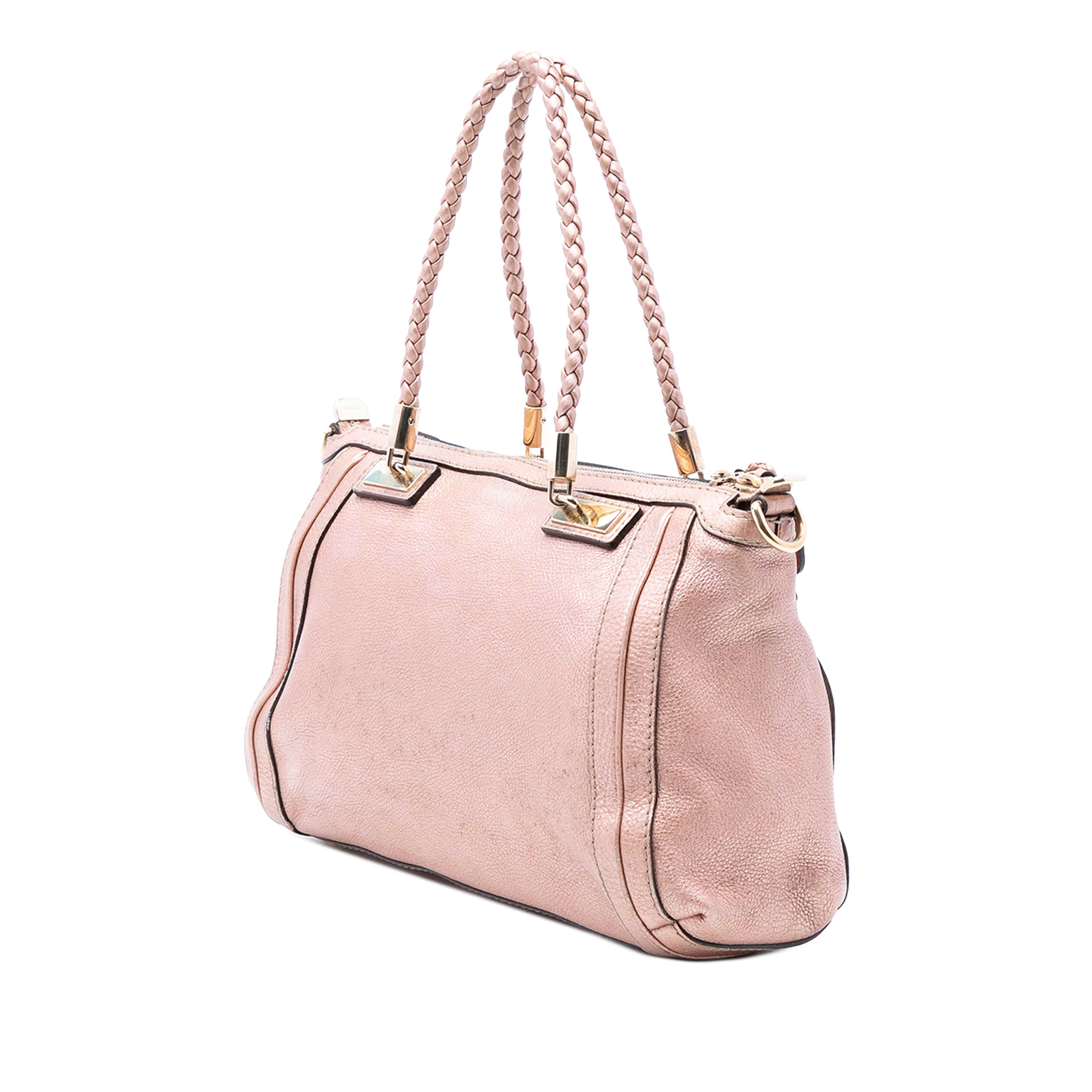 Gucci Metallic Pebbled Calfskin Bella Satchel, från Luxclusif, i färgen rosa. Klicka för att öppna bilden i stort format