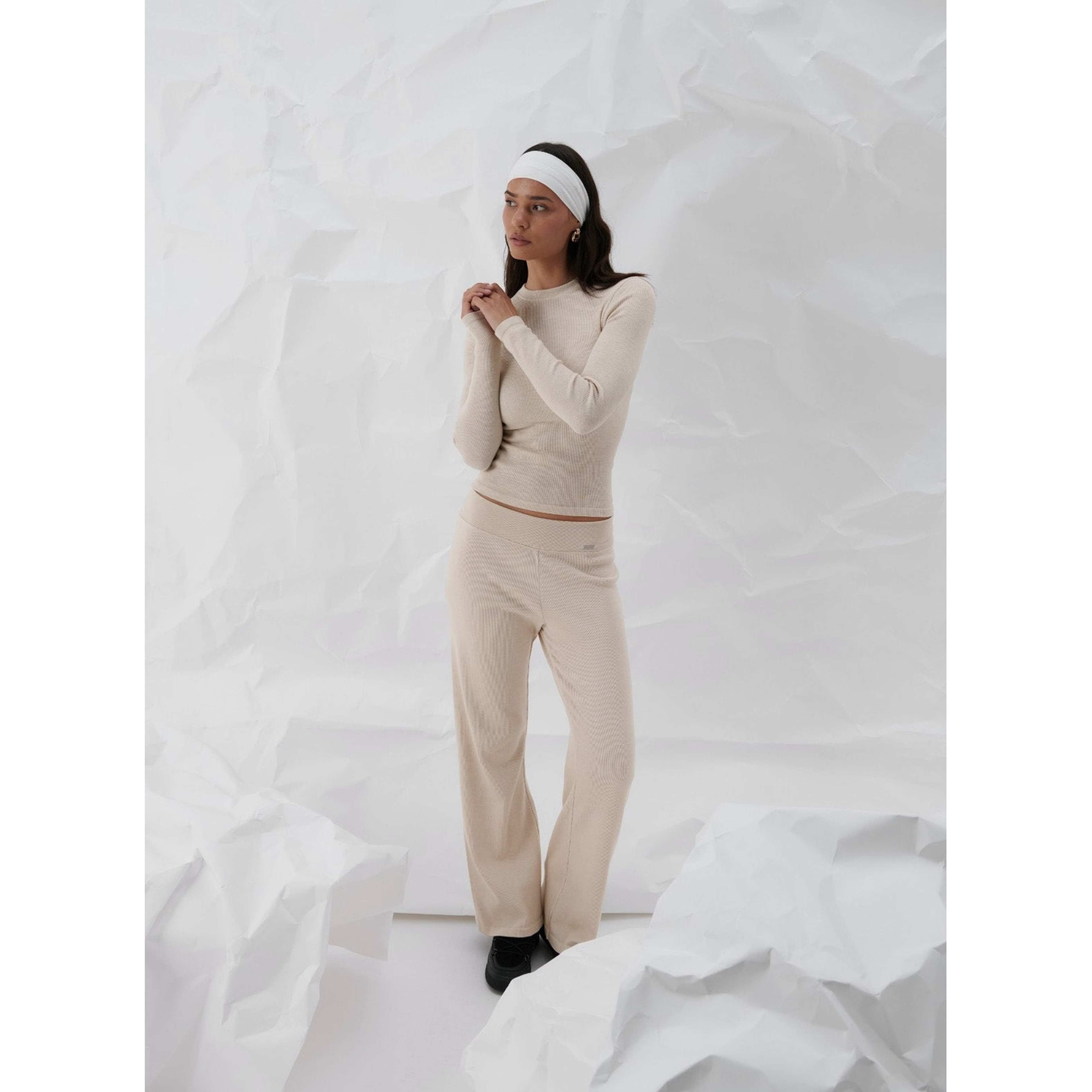 Café Au Lait Ribbed Wool Wide Pants