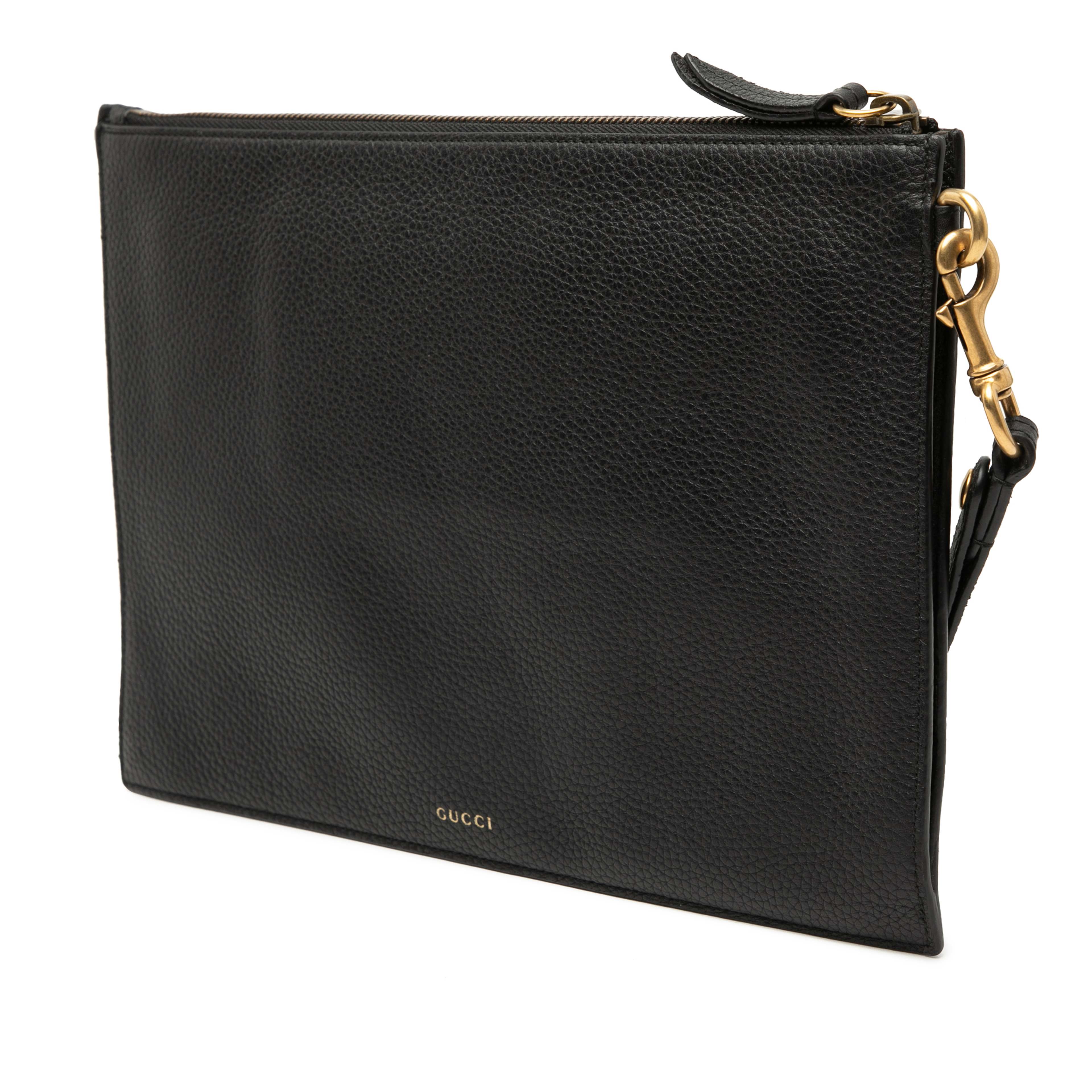 Gucci Leather Dragon Embroidered Zip Pouch, från Luxclusif, i färgen black. Klicka för att öppna bilden i stort format